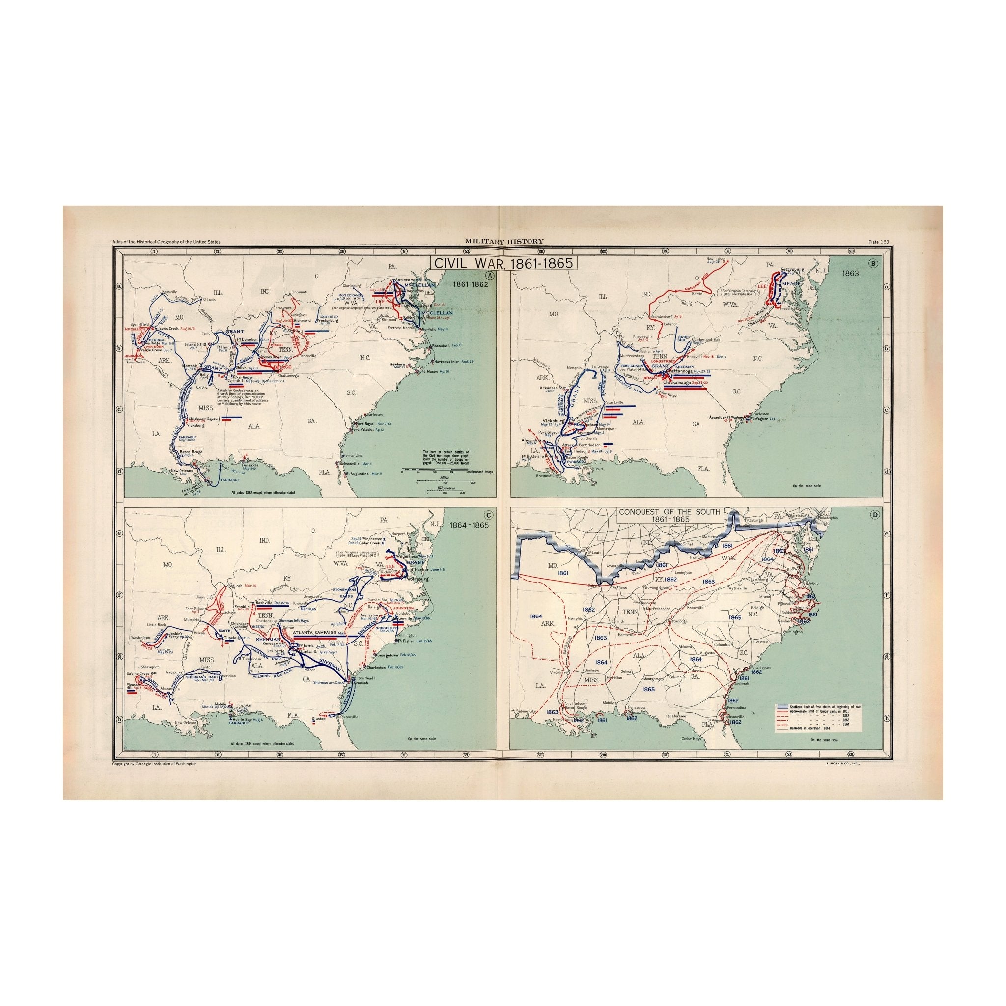 Military History of the Civil War 1861 - 1865 - Muir Way - Vintage Map