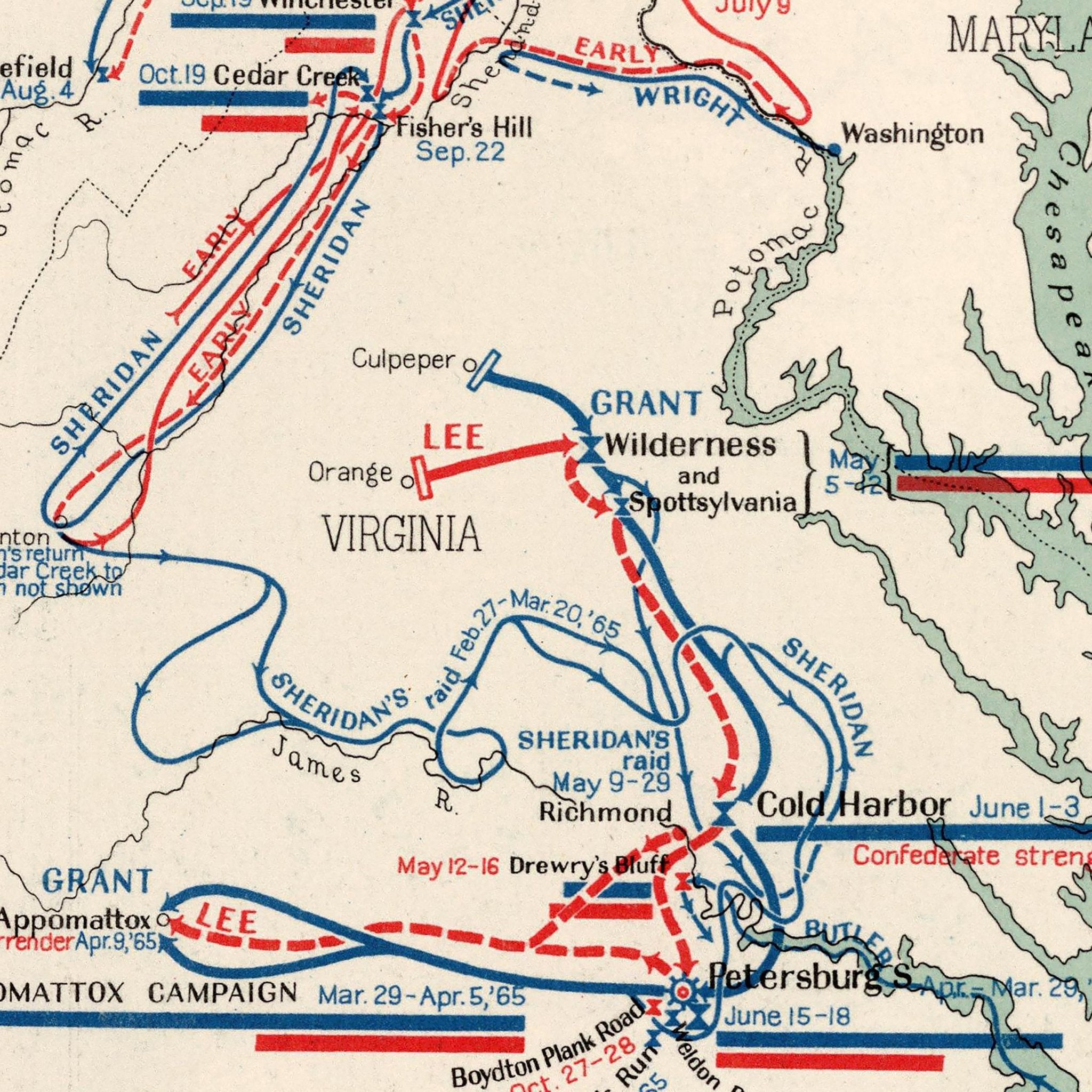 Military History of the Virginia Campaigns - Muir Way - Vintage Map
