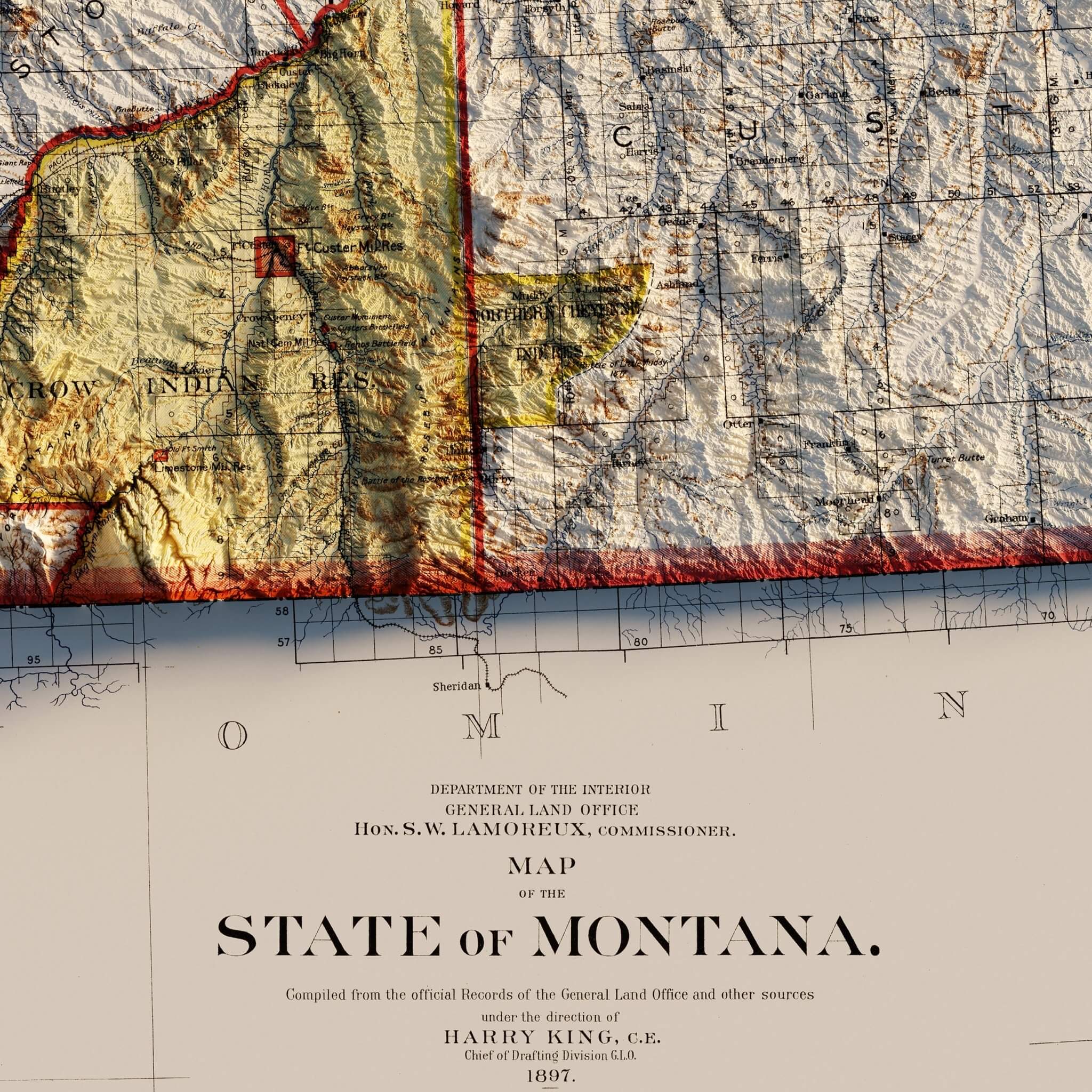 Montana 1897 Shaded Relief Map - Muir Way - Vintage Relief