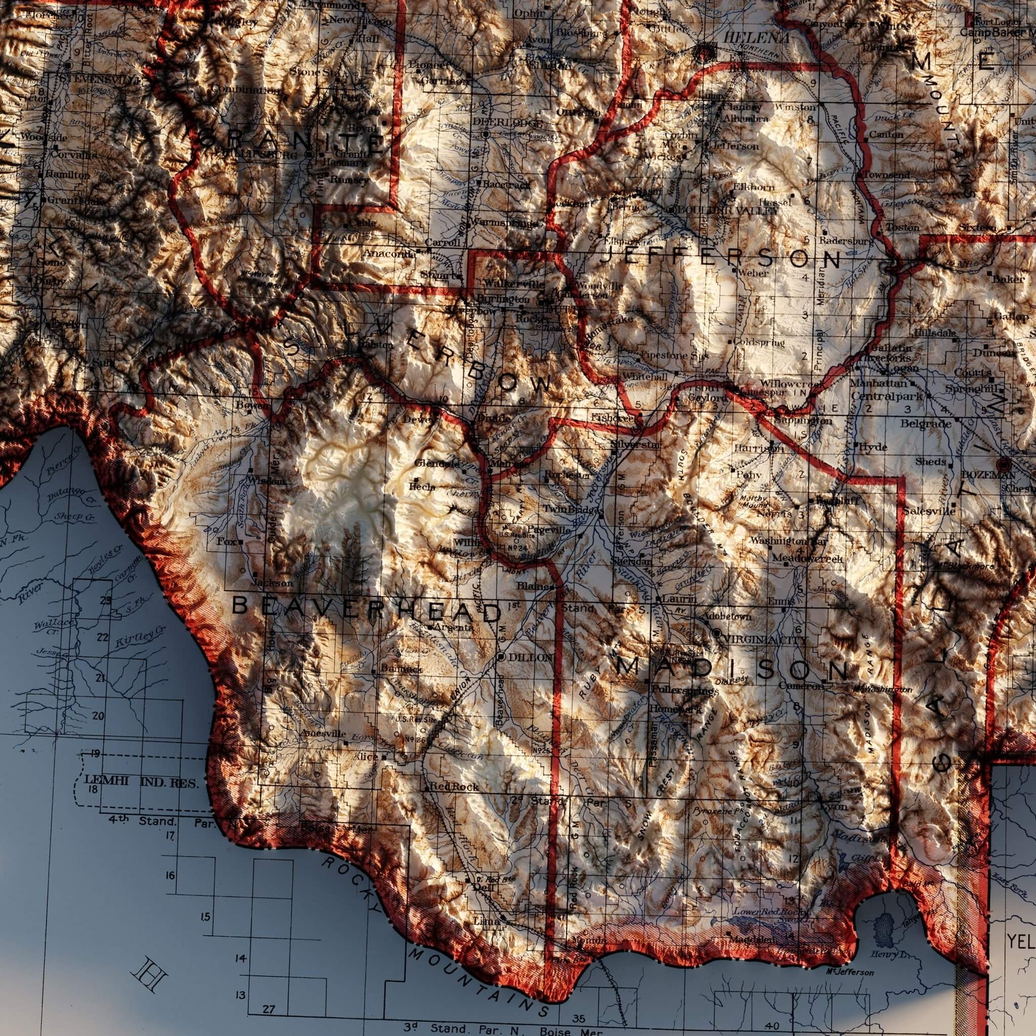 Montana 1897 Shaded Relief Map - Muir Way - Vintage Relief