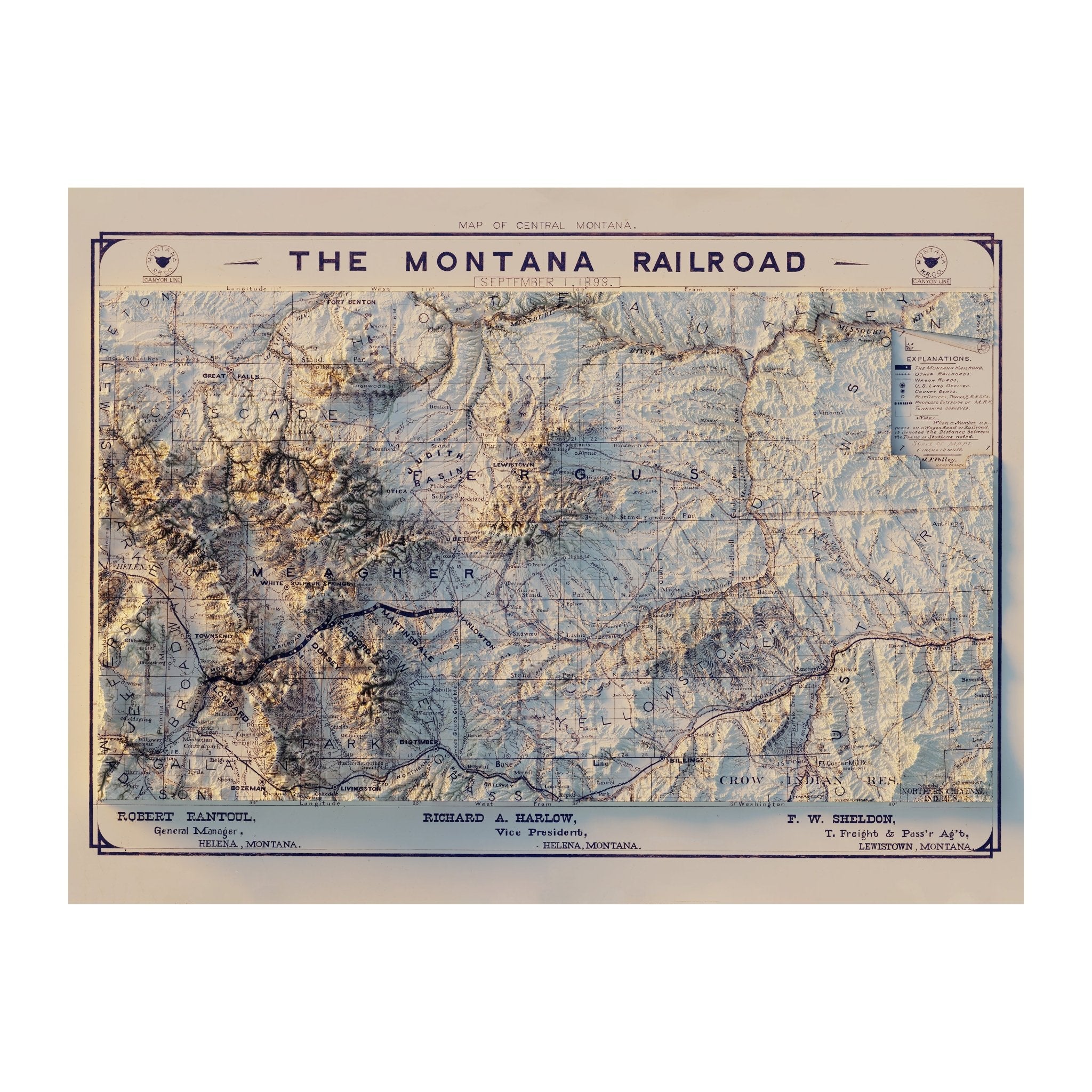 Montana Railroad 1899 Shaded Relief Map - Muir Way - Vintage Relief