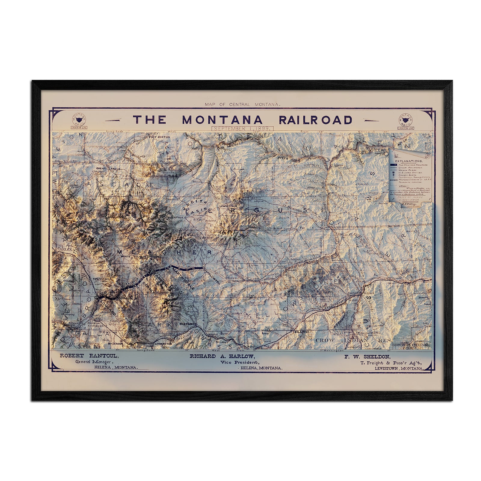 Montana Railroad 1899 Shaded Relief Map - Muir Way - Vintage Relief