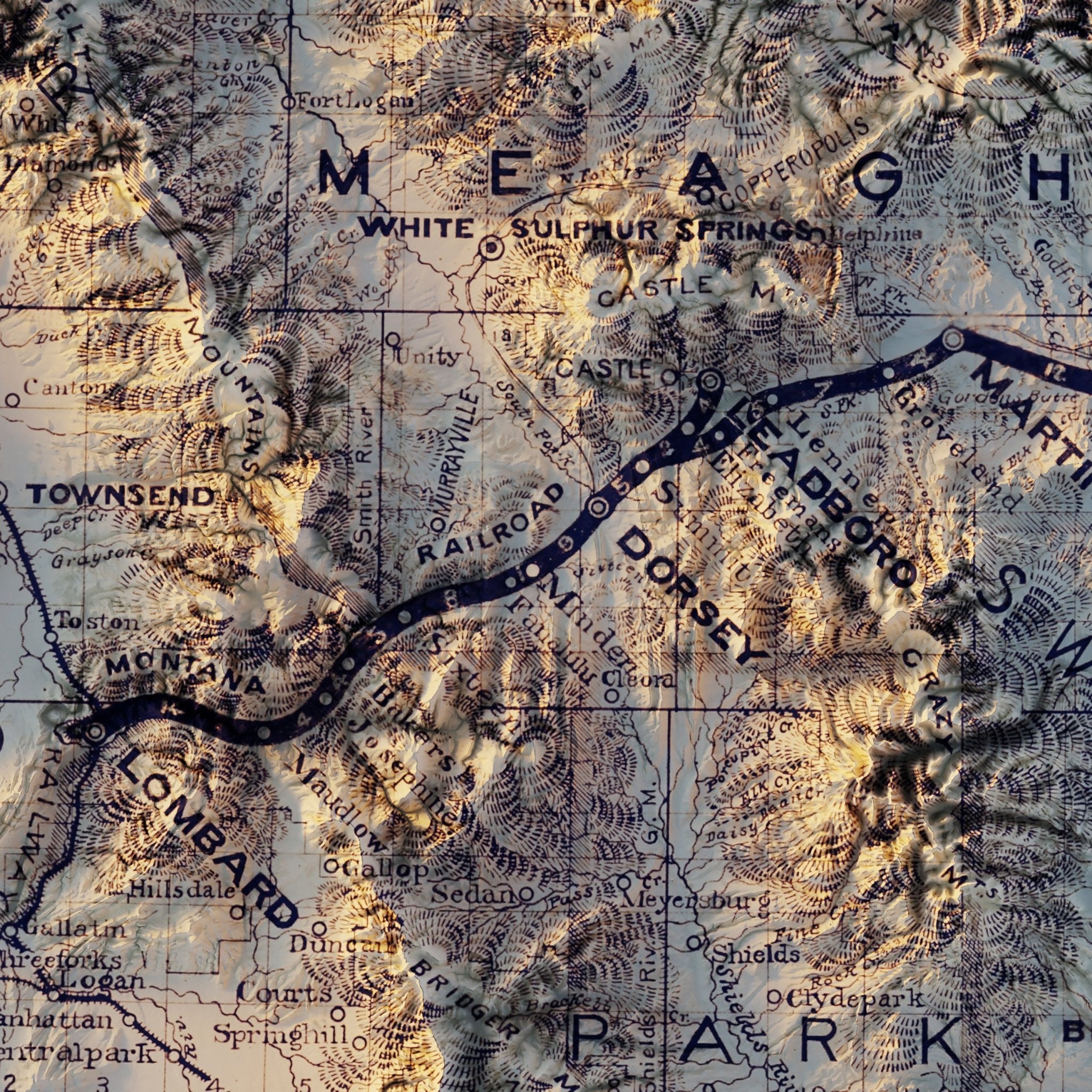 Montana Railroad 1899 Shaded Relief Map - Muir Way - Vintage Relief