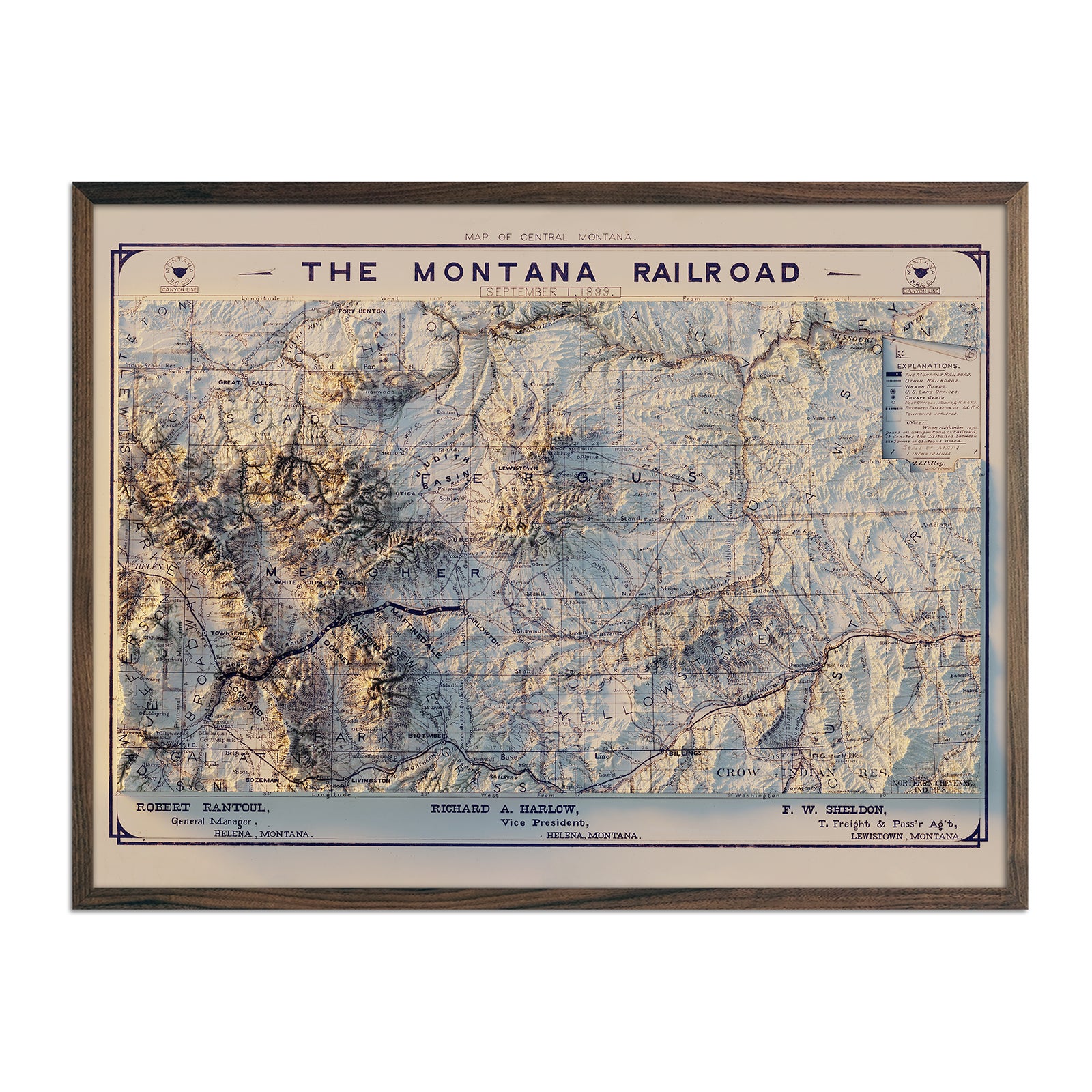 Montana Railroad 1899 Shaded Relief Map - Muir Way - Vintage Relief