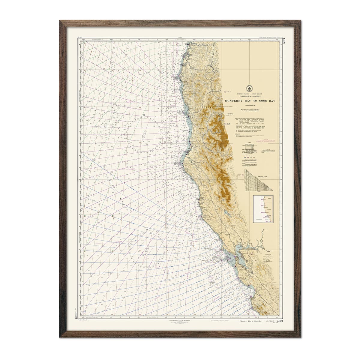 Monterey Bay to Coos Bay Nautical Chart 1948 - Muir Way - Vintage Map