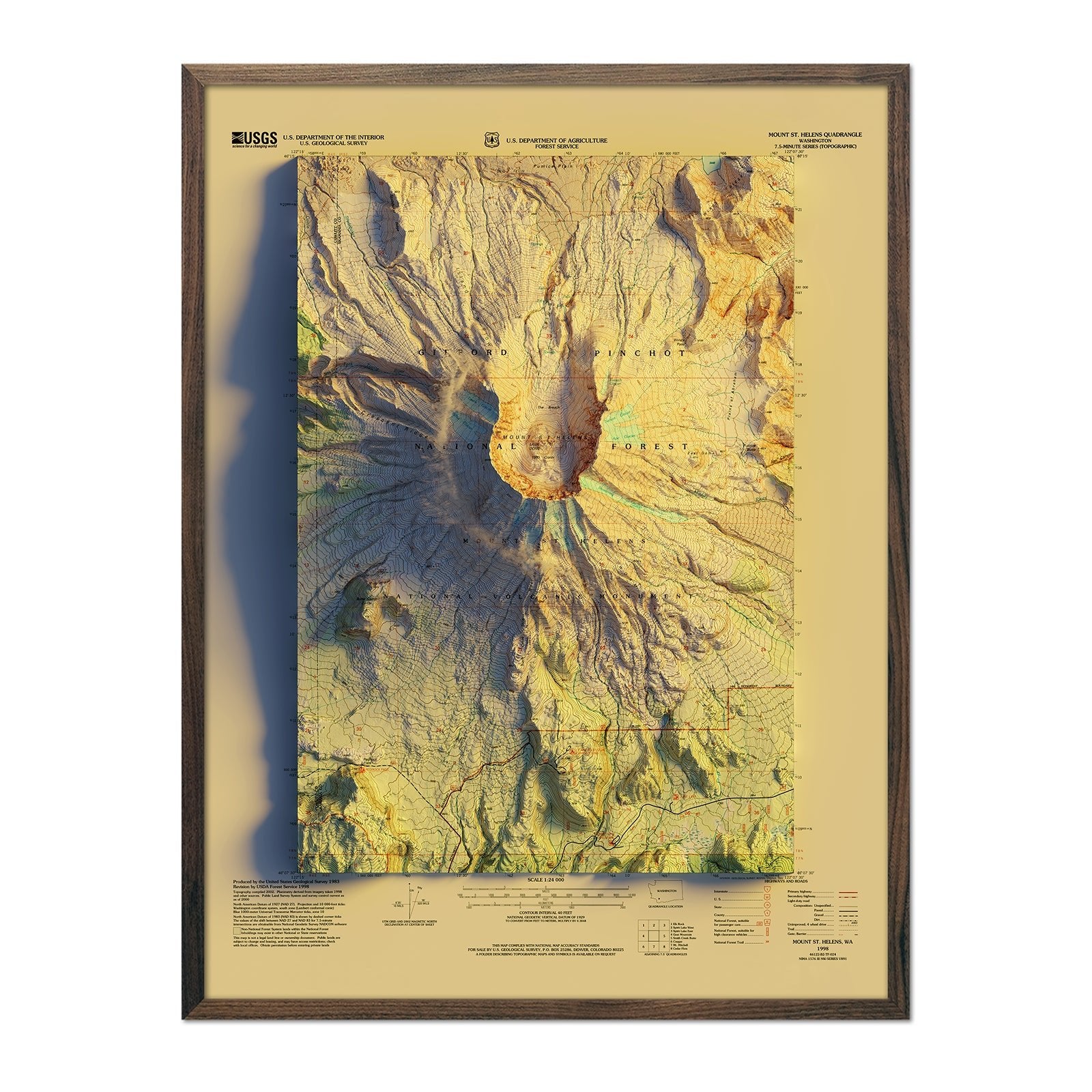 Mount St. Helens, WA 1998 Shaded Relief Map - Muir Way - Vintage Relief