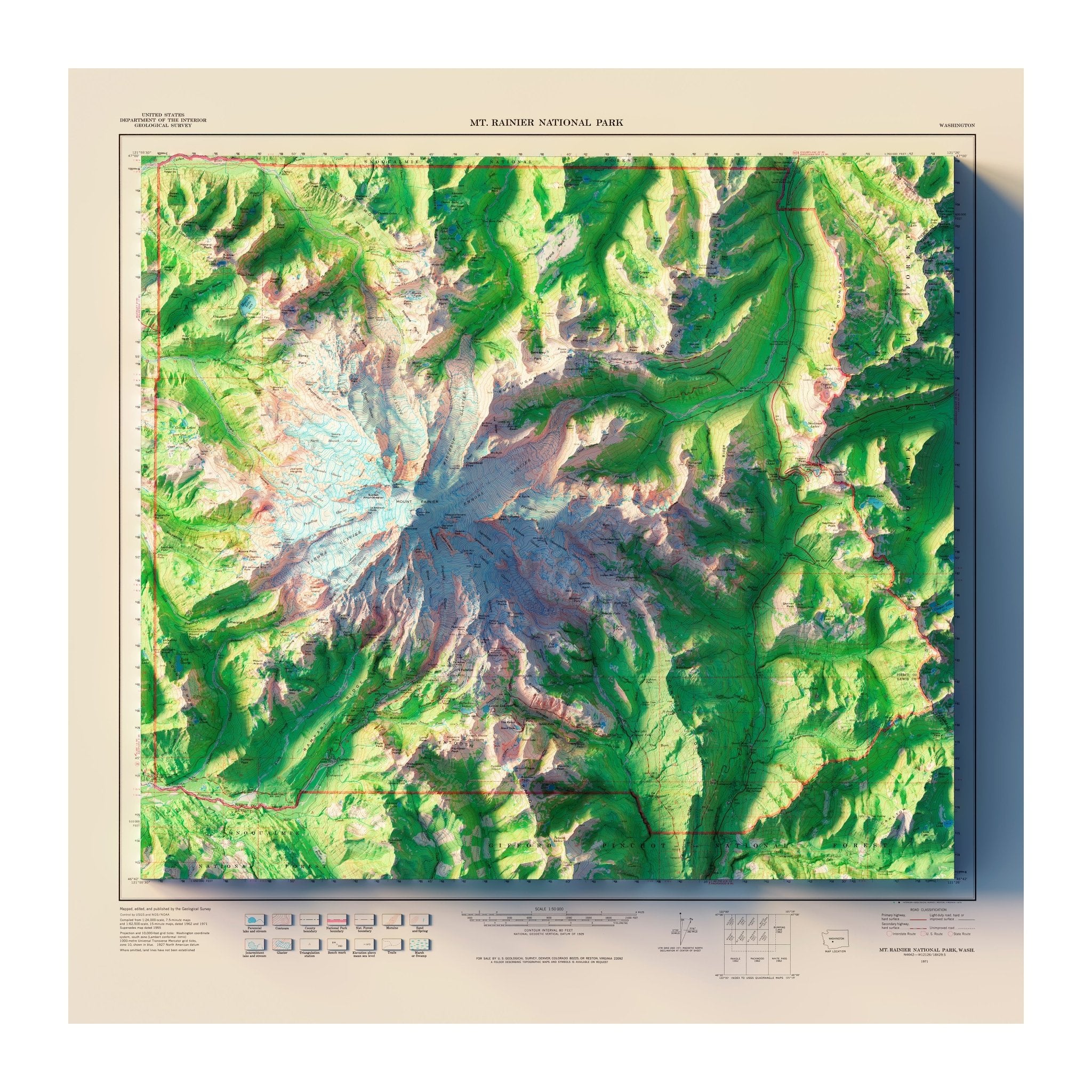 Mt. Rainier National Park 1971 Shaded Relief Map - Muir Way - Vintage Relief
