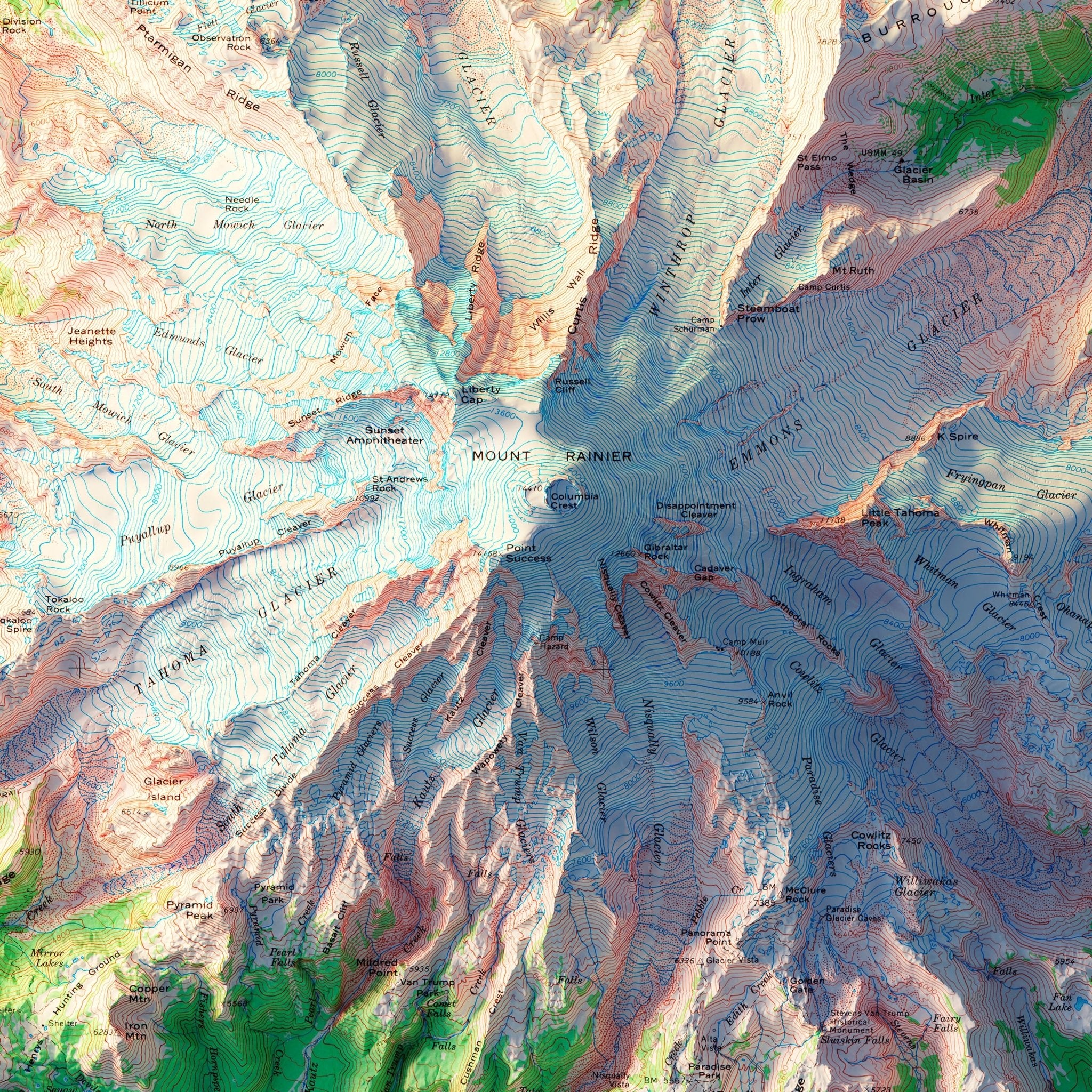 Mt. Rainier National Park 1971 Shaded Relief Map - Muir Way - Vintage Relief