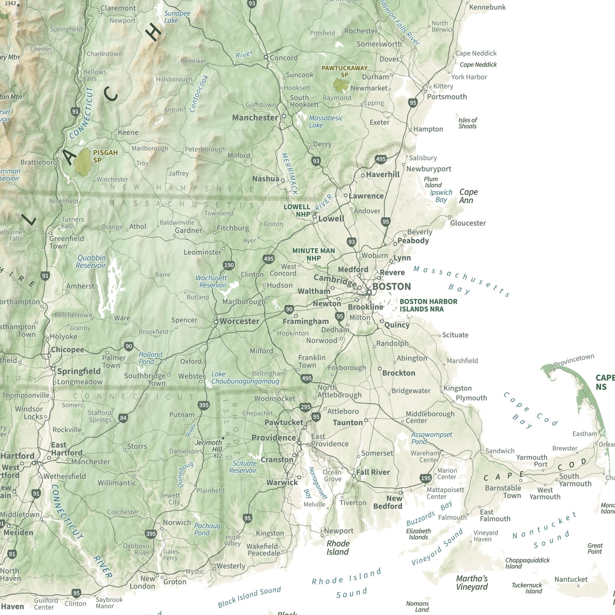 New England Physical Shaded Relief Map - Muir Way - Natural Atlas