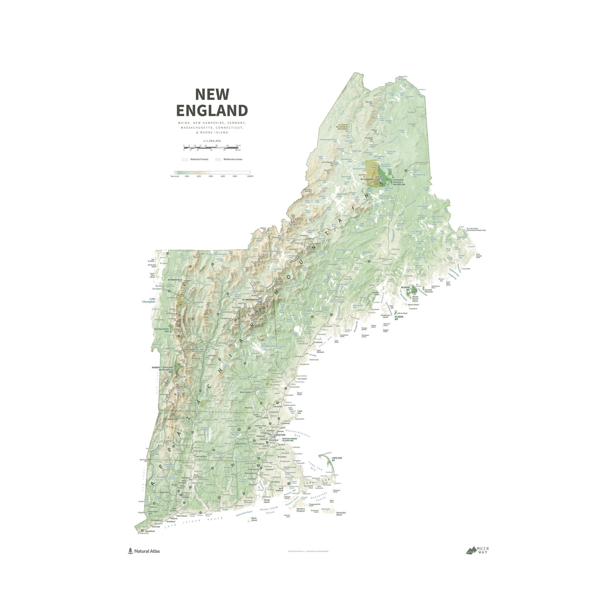 New England Physical Shaded Relief Map - Muir Way - Natural Atlas
