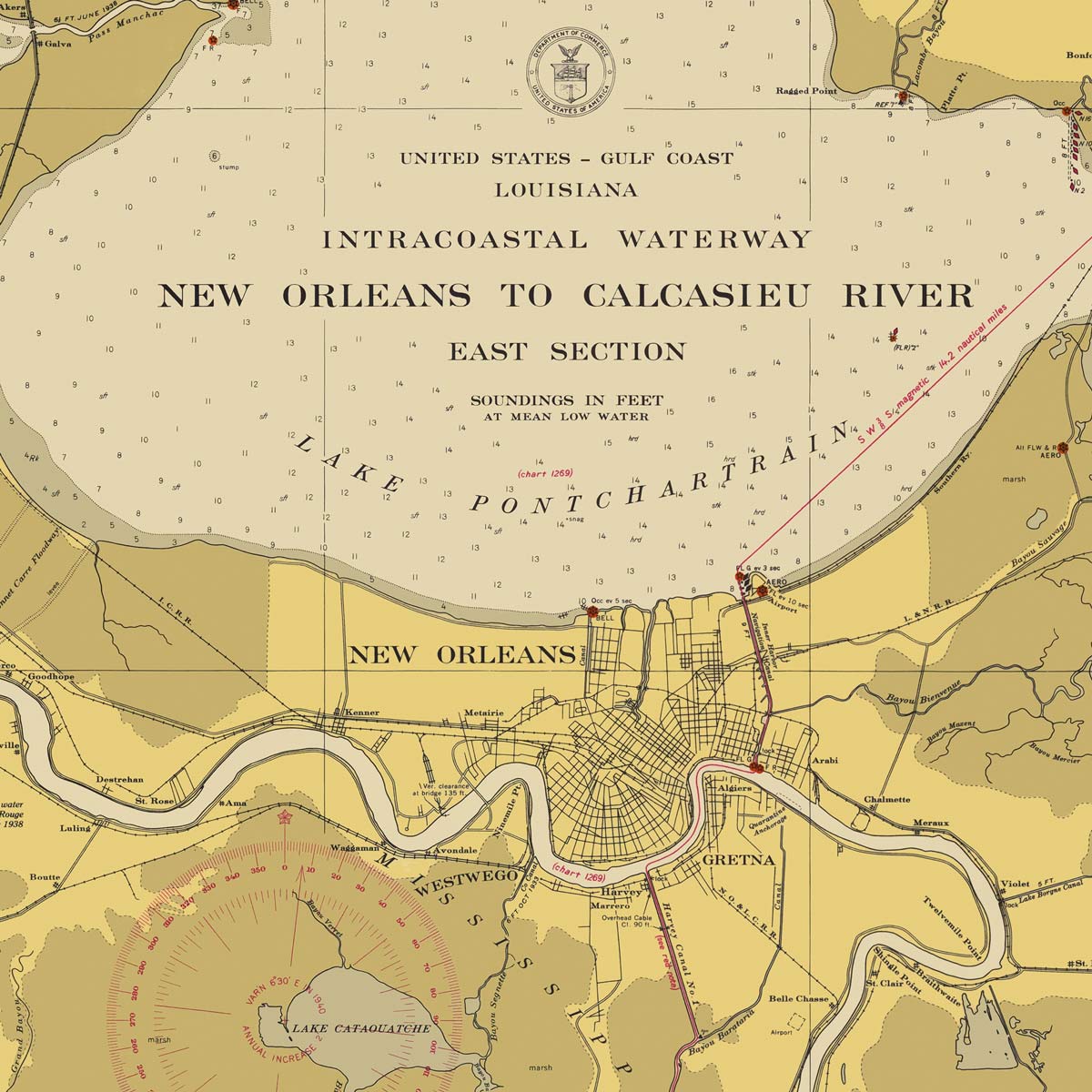 New Orleans to Calcasieu River East Section Nautical Chart 1939 - Muir Way - Vintage Map