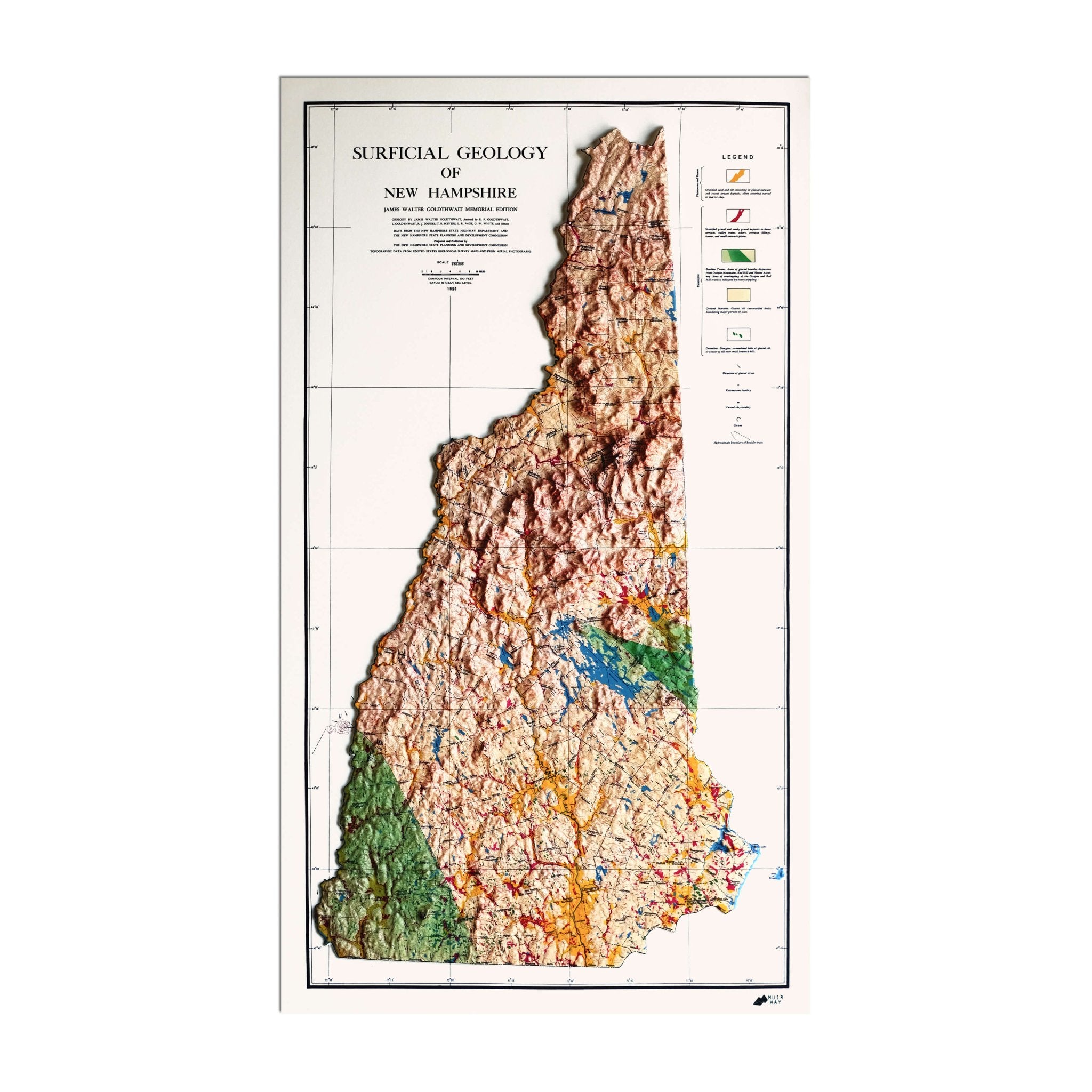 New Hampshire 1950 3D Raised Relief Map - Muir Way - 3D
