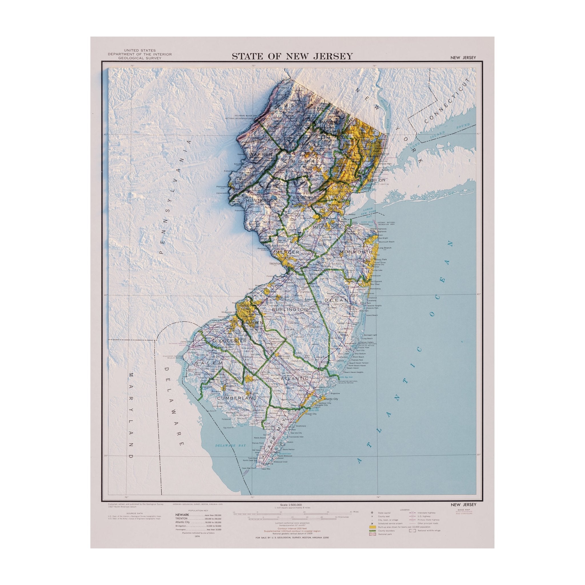 New Jersey 1974 Shaded Relief Map - Muir Way - Vintage Relief