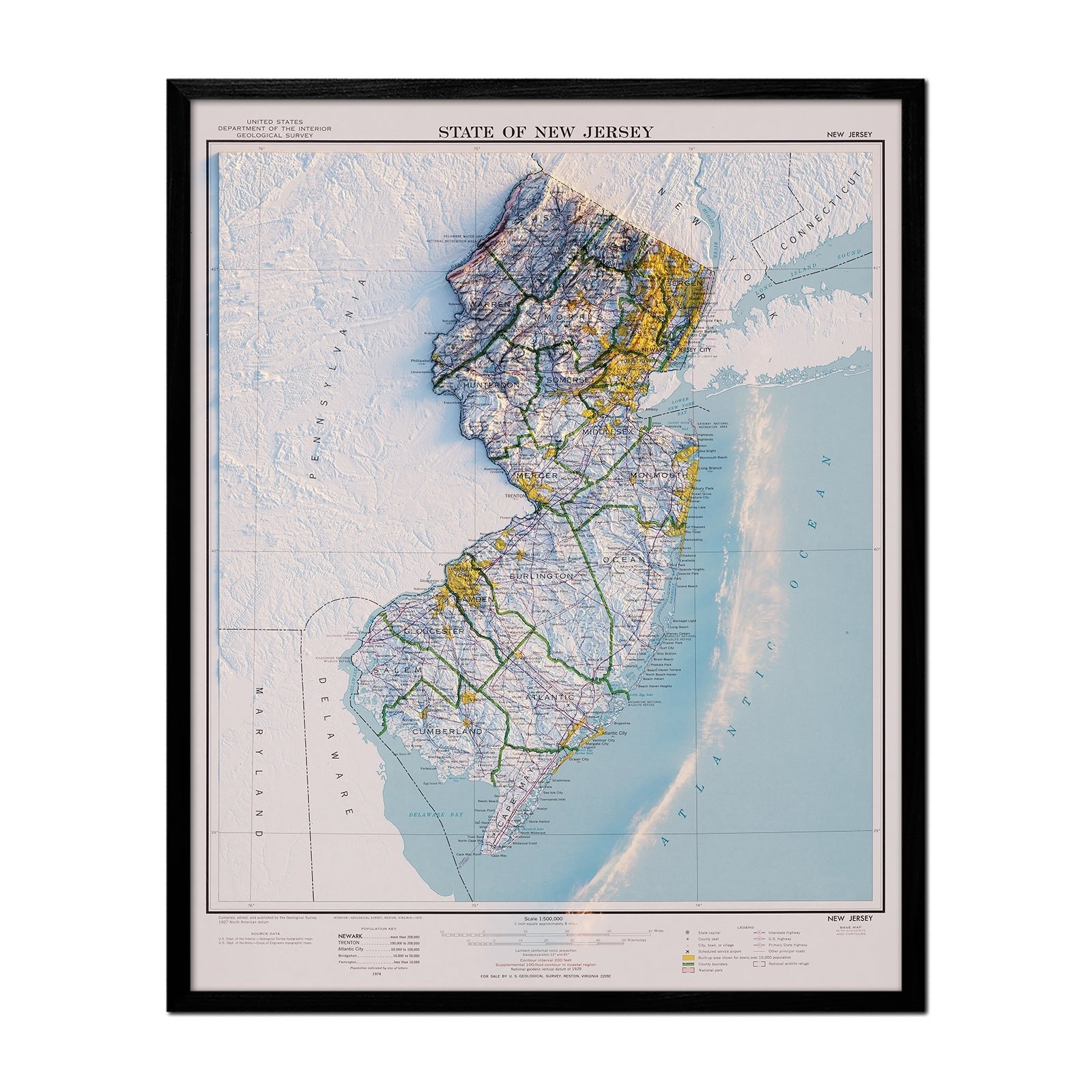 New Jersey 1974 Shaded Relief Map - Muir Way - Vintage Relief