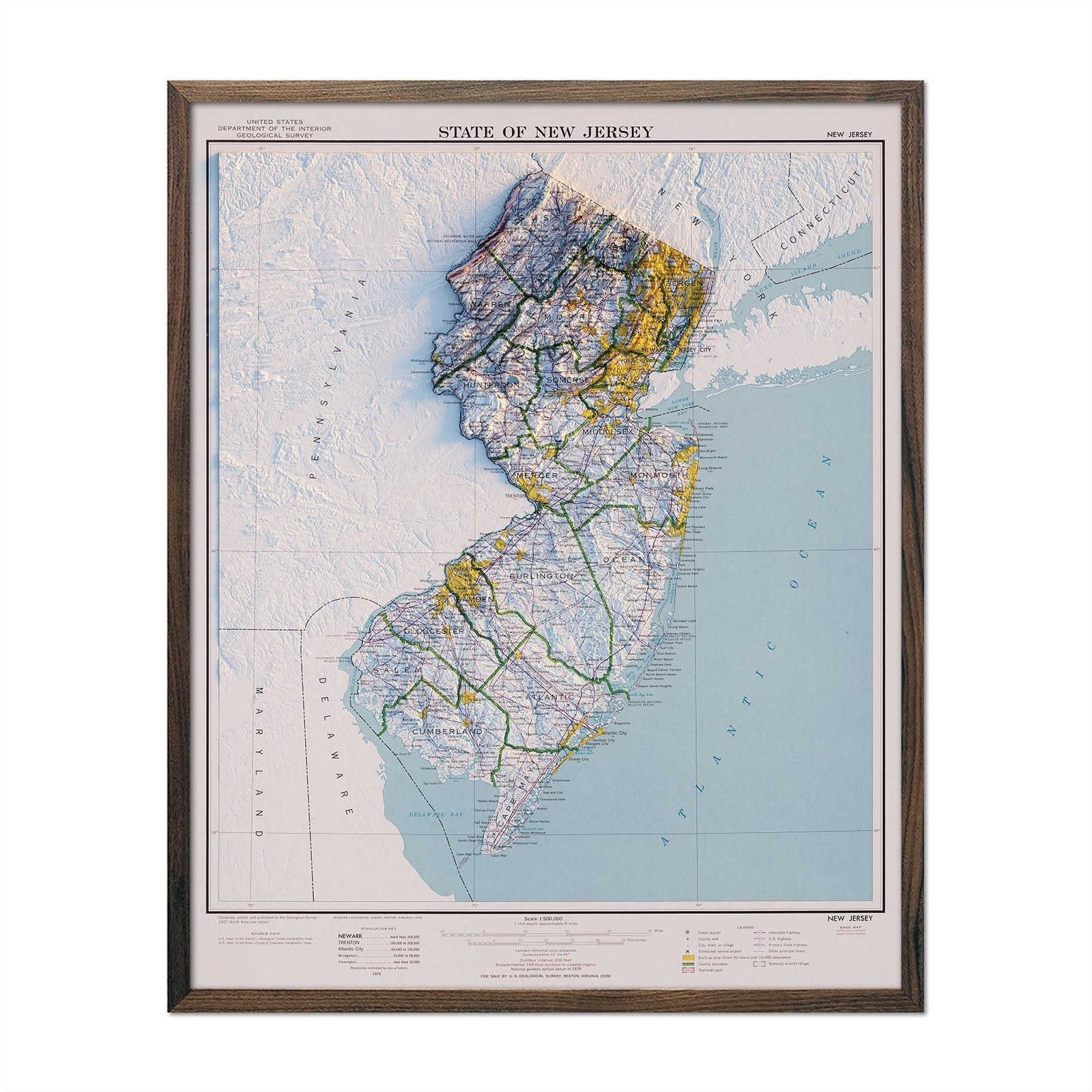 New Jersey 1974 Shaded Relief Map - Muir Way - Vintage Relief