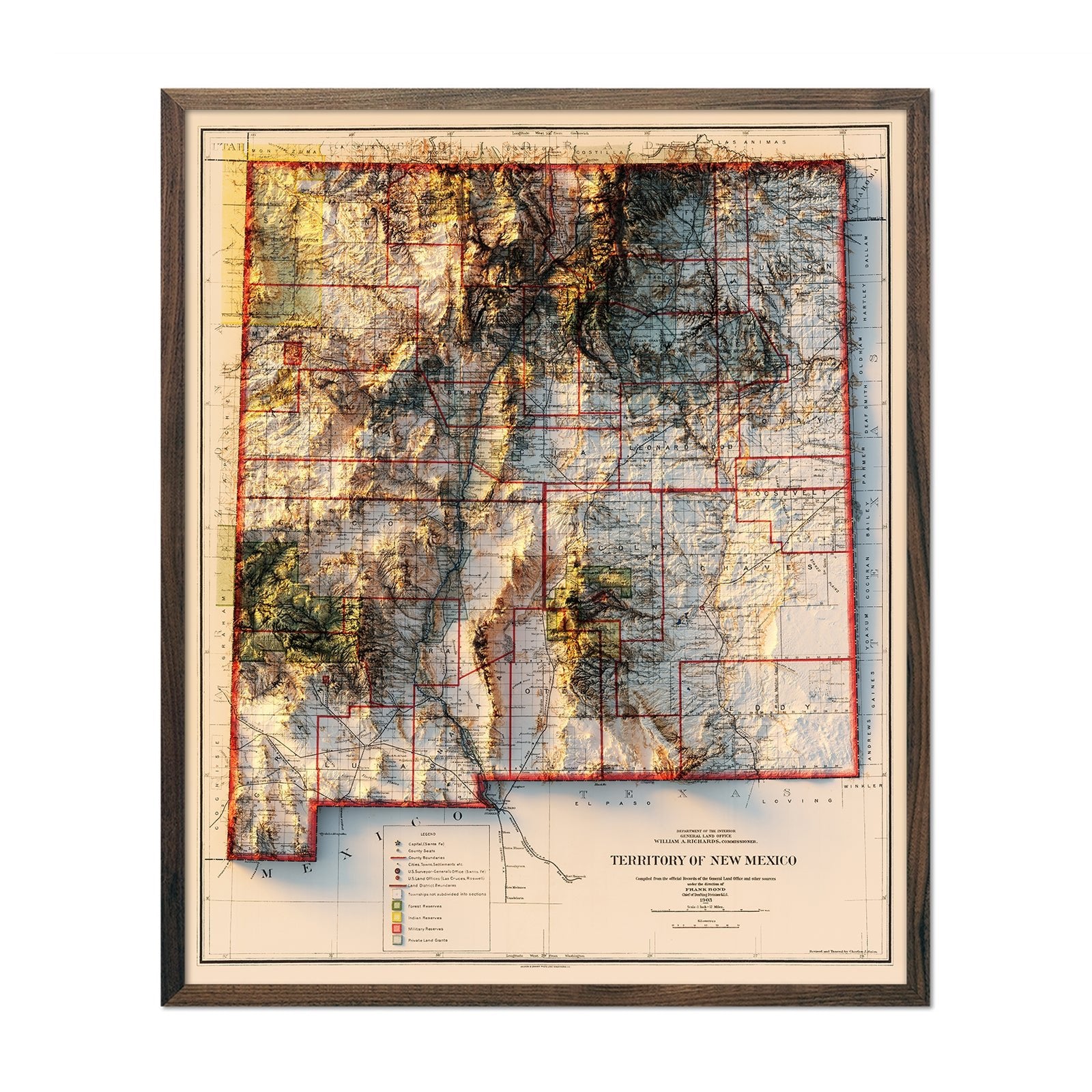 New Mexico 1903 Shaded Relief Map - Muir Way - Vintage Relief