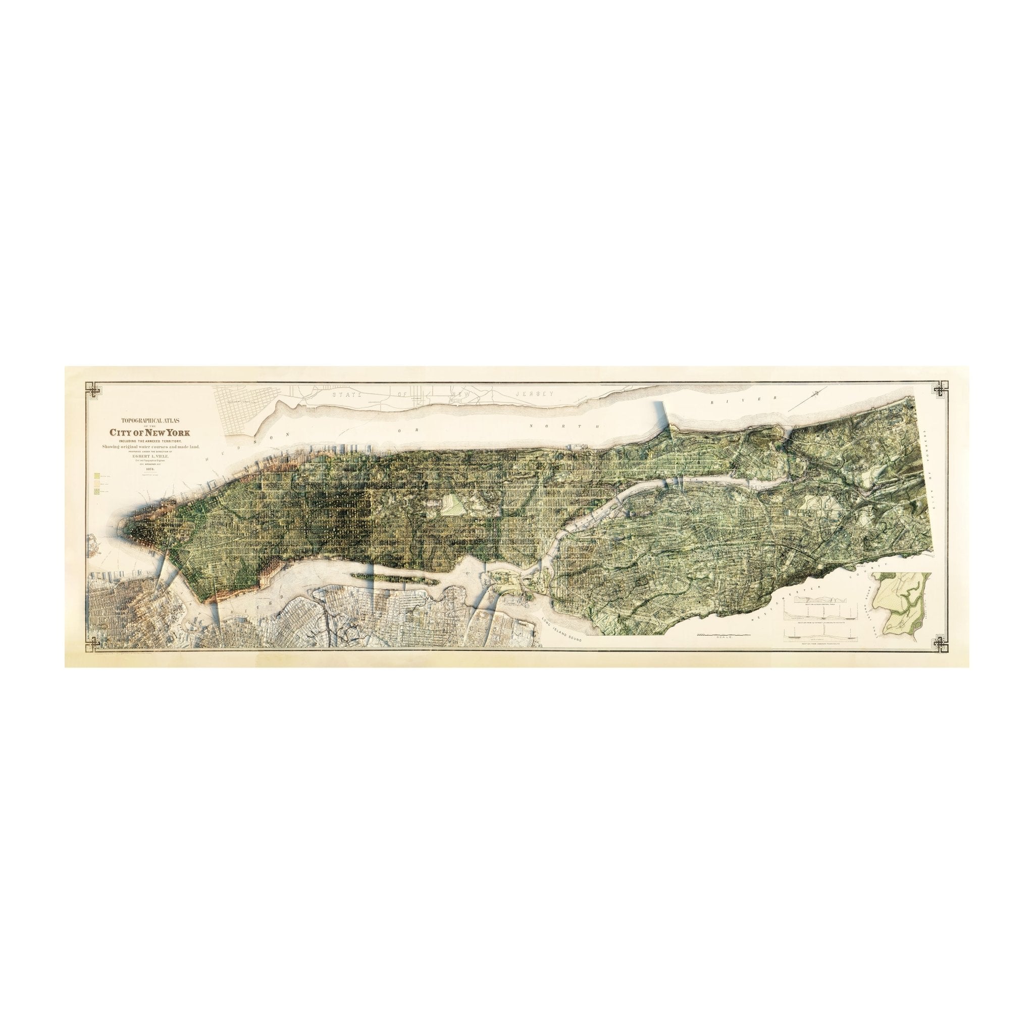 New York City 1874 Shaded Relief Map - Muir Way - Vintage Relief