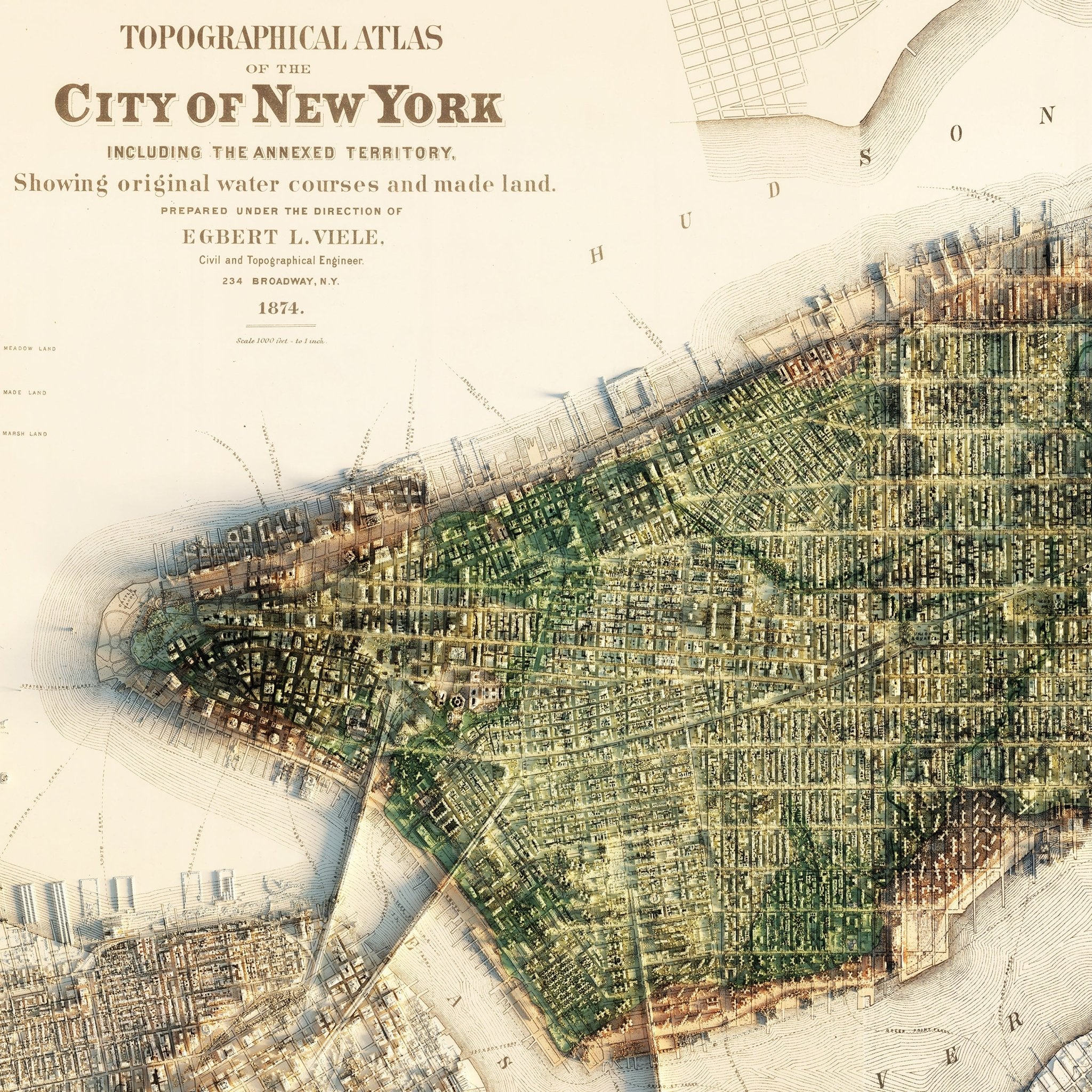 New York City 1874 Shaded Relief Map - Muir Way - Vintage Relief