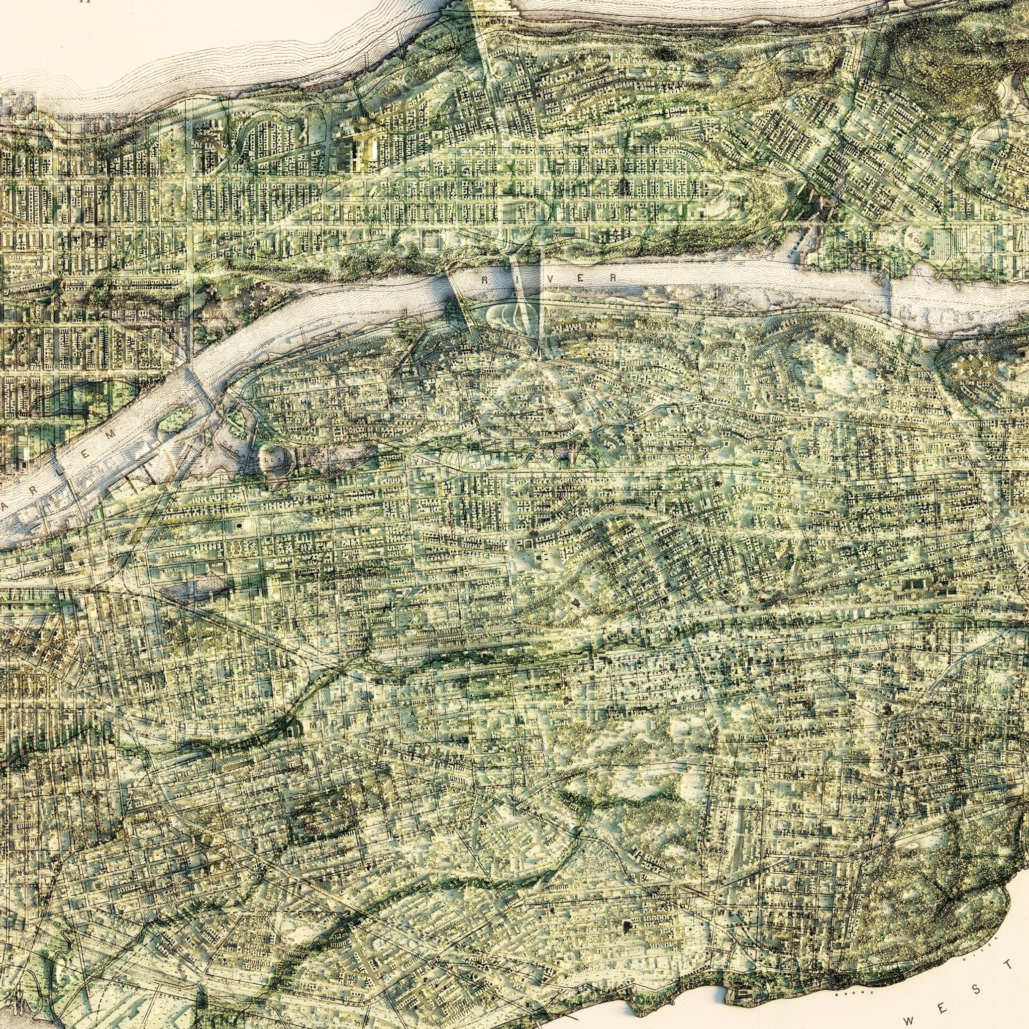 New York City 1874 Shaded Relief Map - Muir Way - Vintage Relief