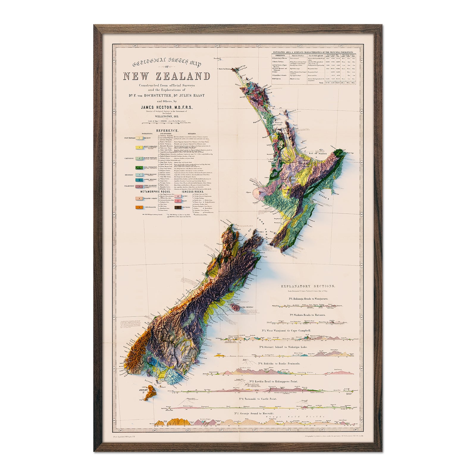 New Zealand 1873 Shaded Relief Map - Muir Way - Vintage Relief