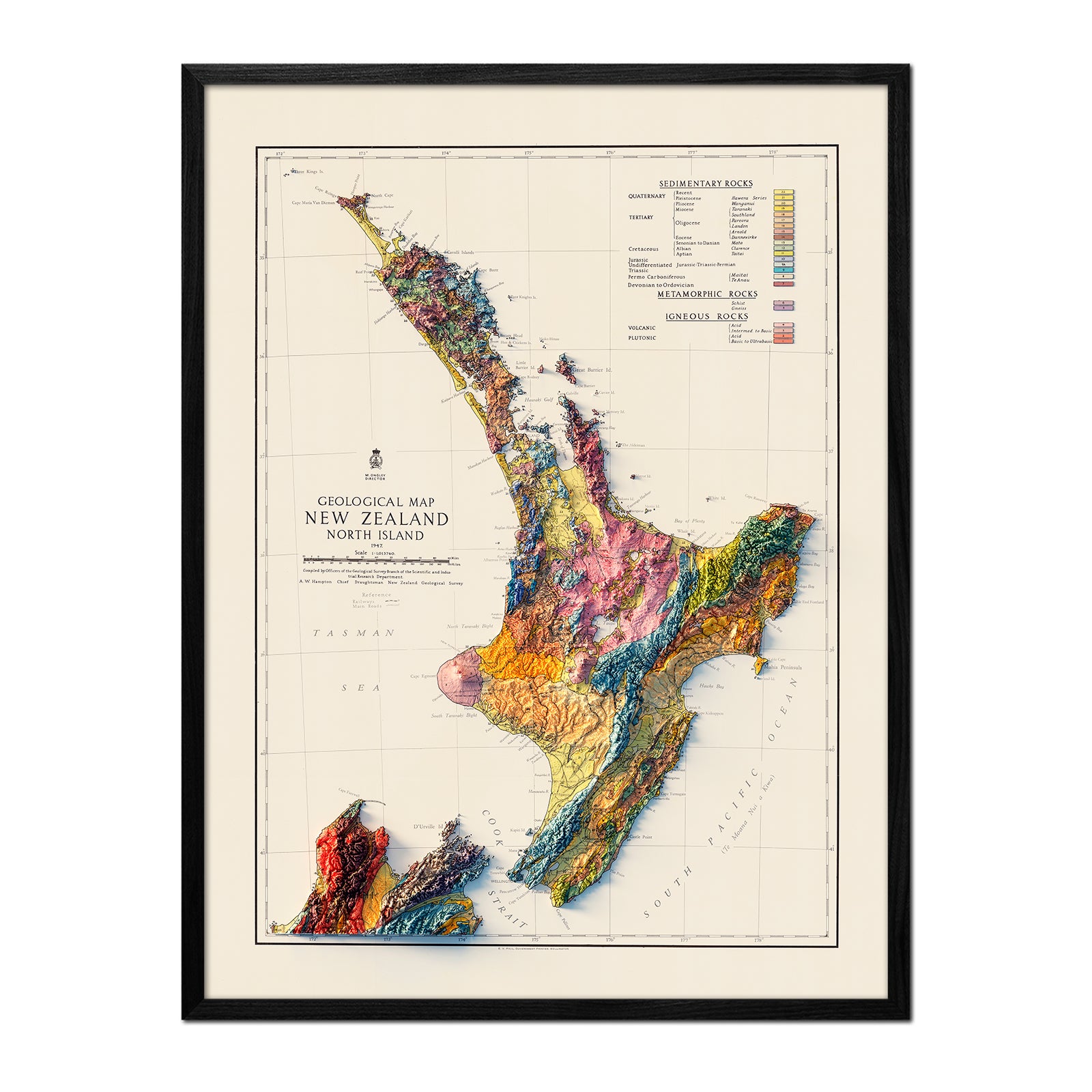 New Zealand, North Island 1947 Shaded Relief Map - Muir Way - Vintage Relief