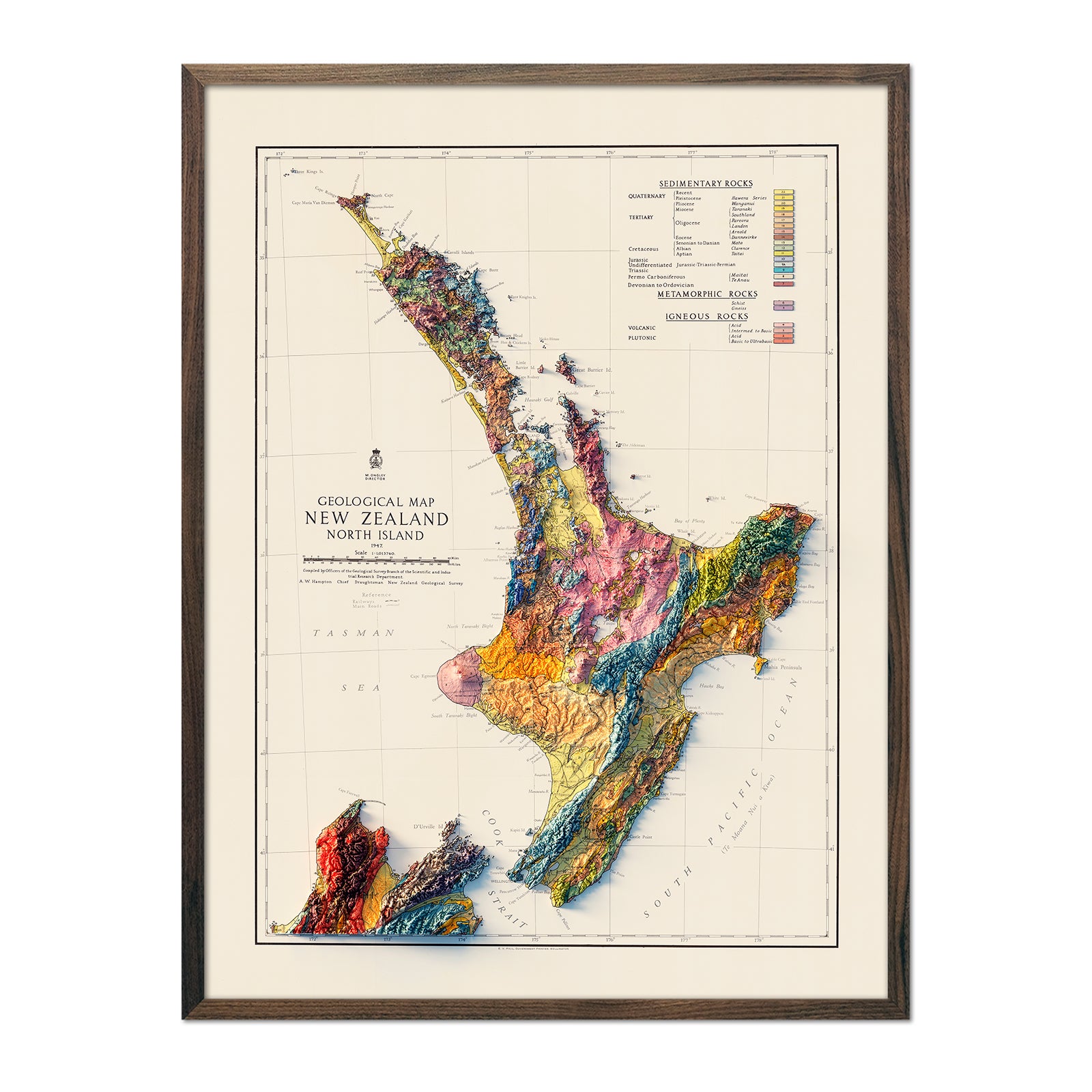 New Zealand, North Island 1947 Shaded Relief Map - Muir Way - Vintage Relief