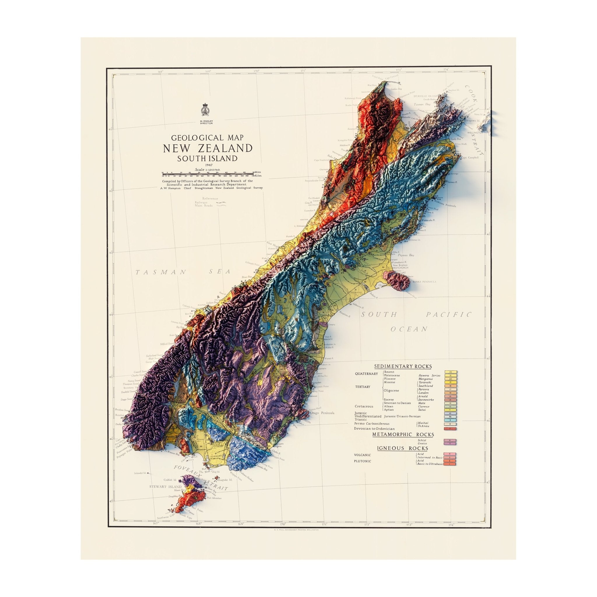 New Zealand, South Island 1947 Shaded Relief Map - Muir Way - Vintage Relief