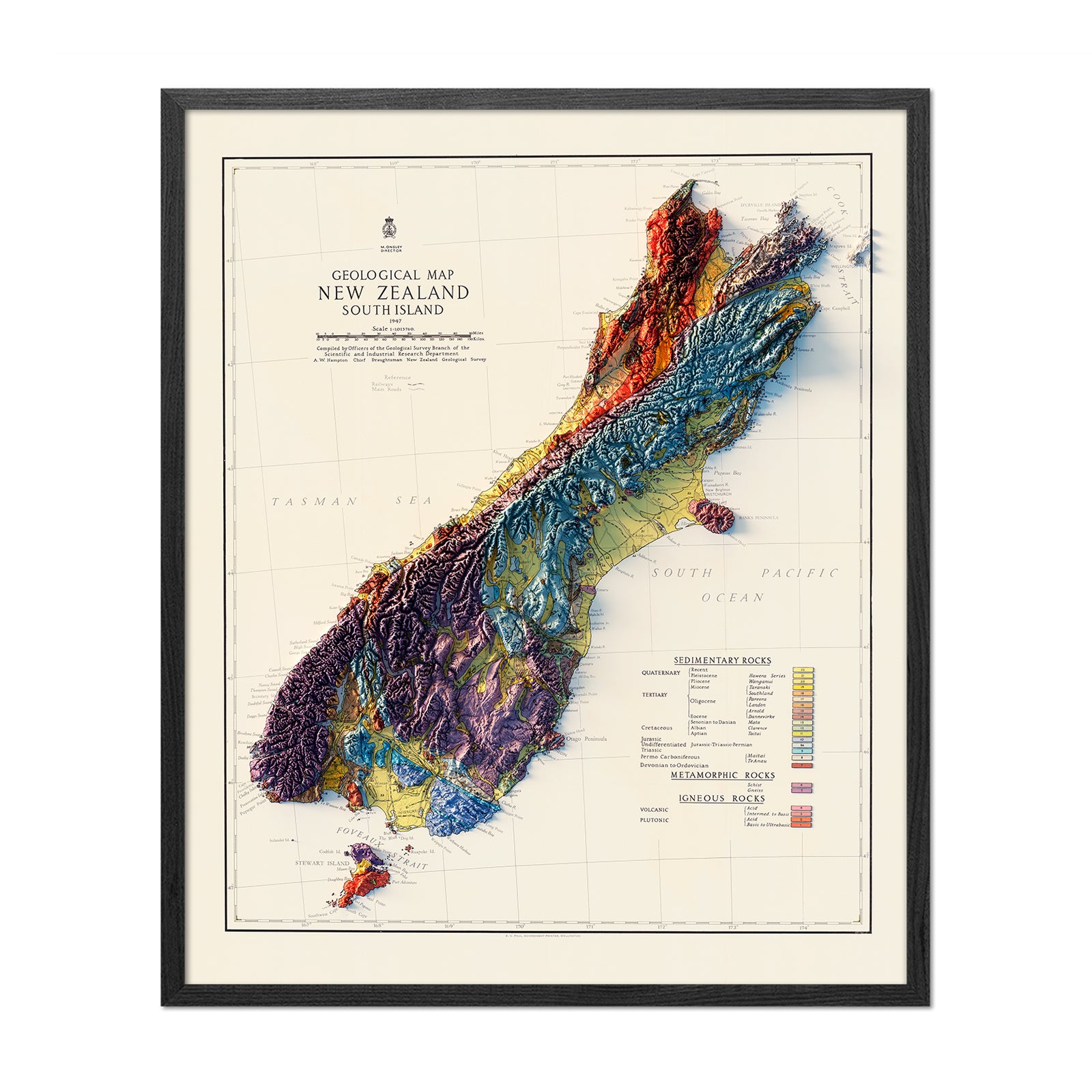 New Zealand, South Island 1947 Shaded Relief Map - Muir Way - Vintage Relief