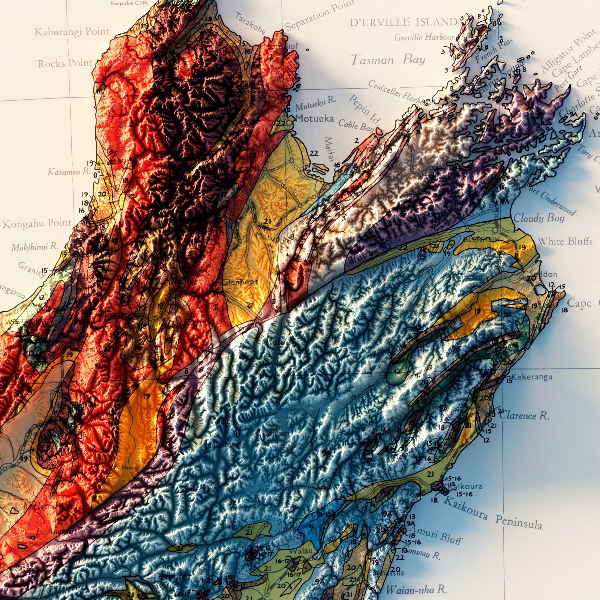 New Zealand, South Island 1947 Shaded Relief Map - Muir Way - Vintage Relief
