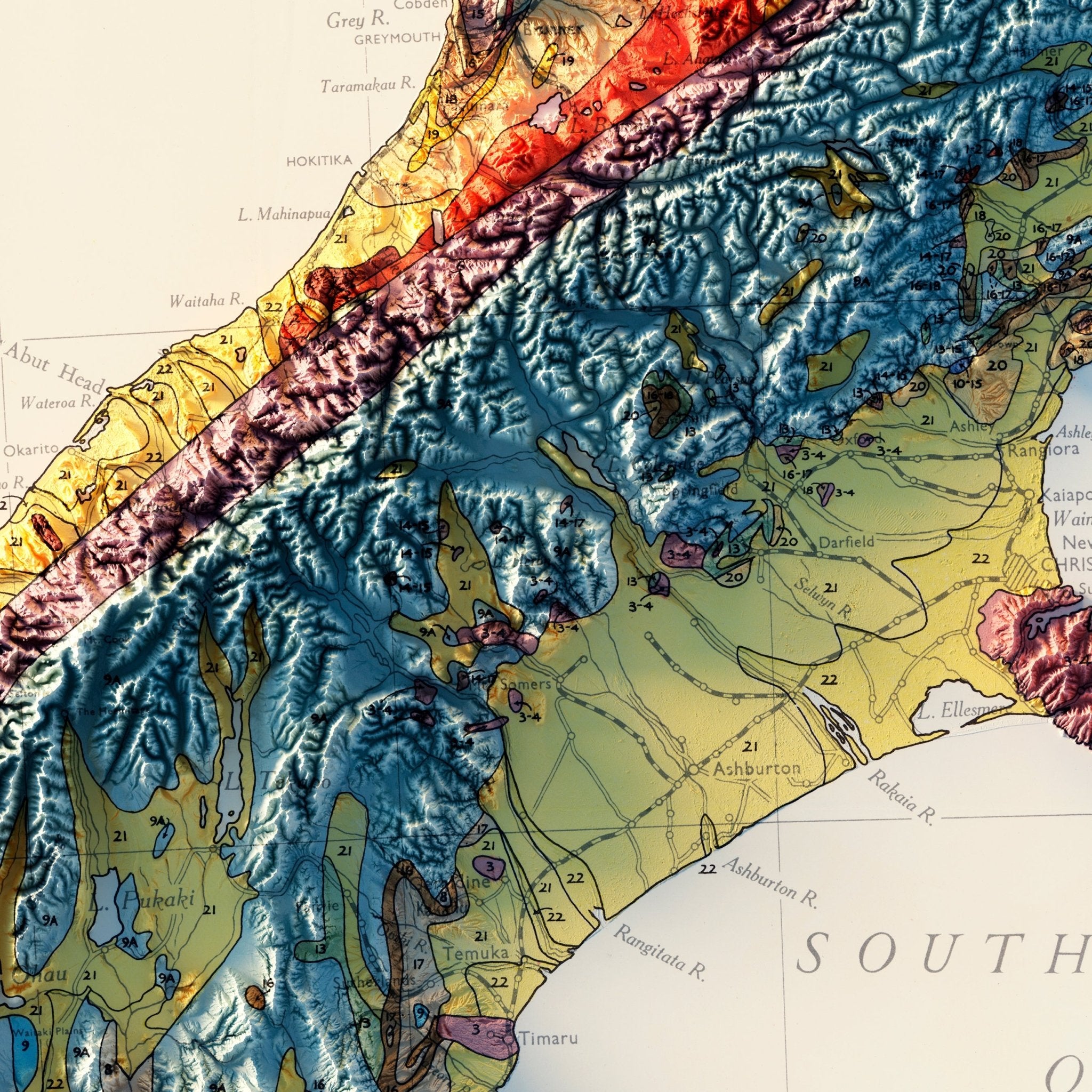 New Zealand, South Island 1947 Shaded Relief Map - Muir Way - Vintage Relief