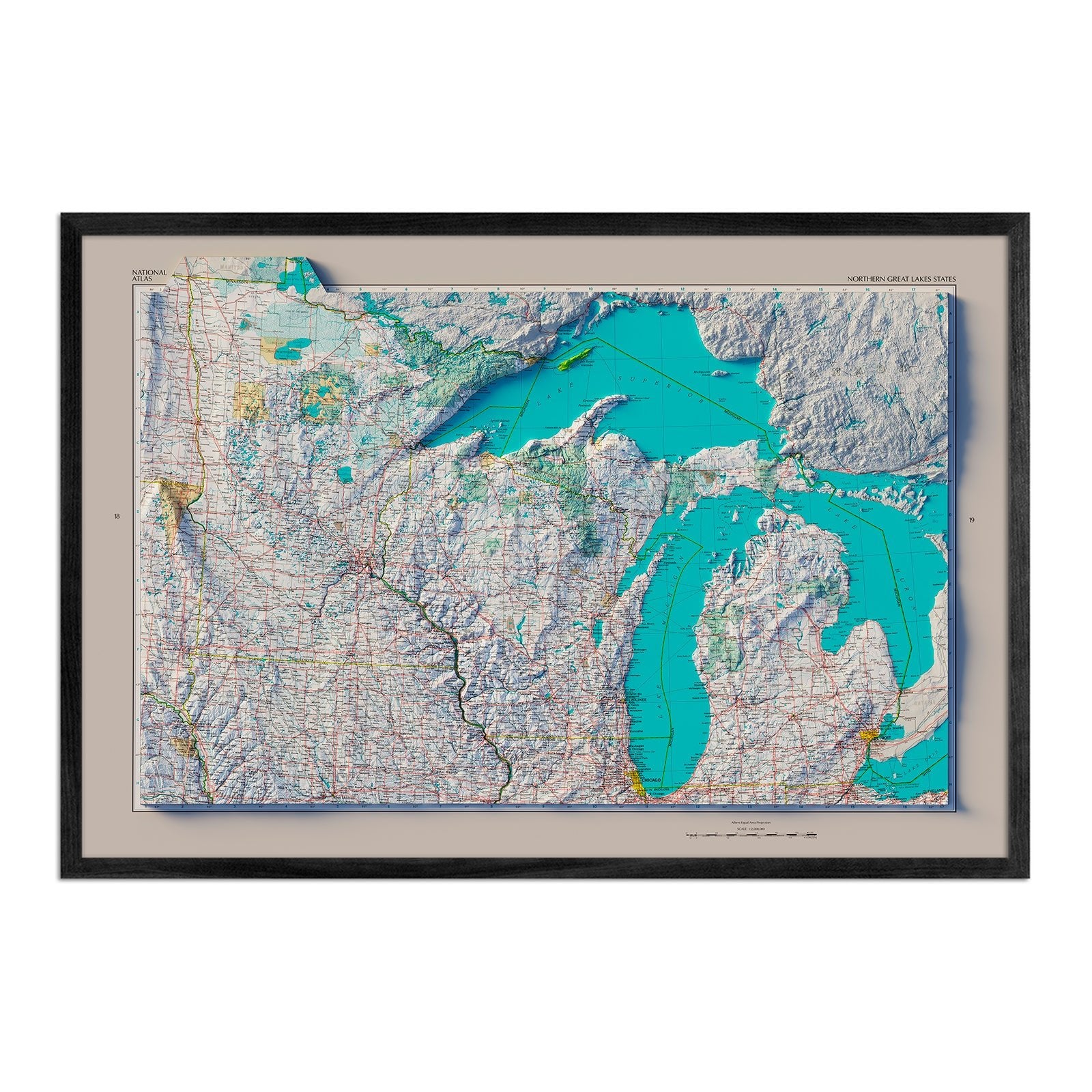 Northern Great Lakes States 1970 Shaded Relief Map - Muir Way - Vintage Relief