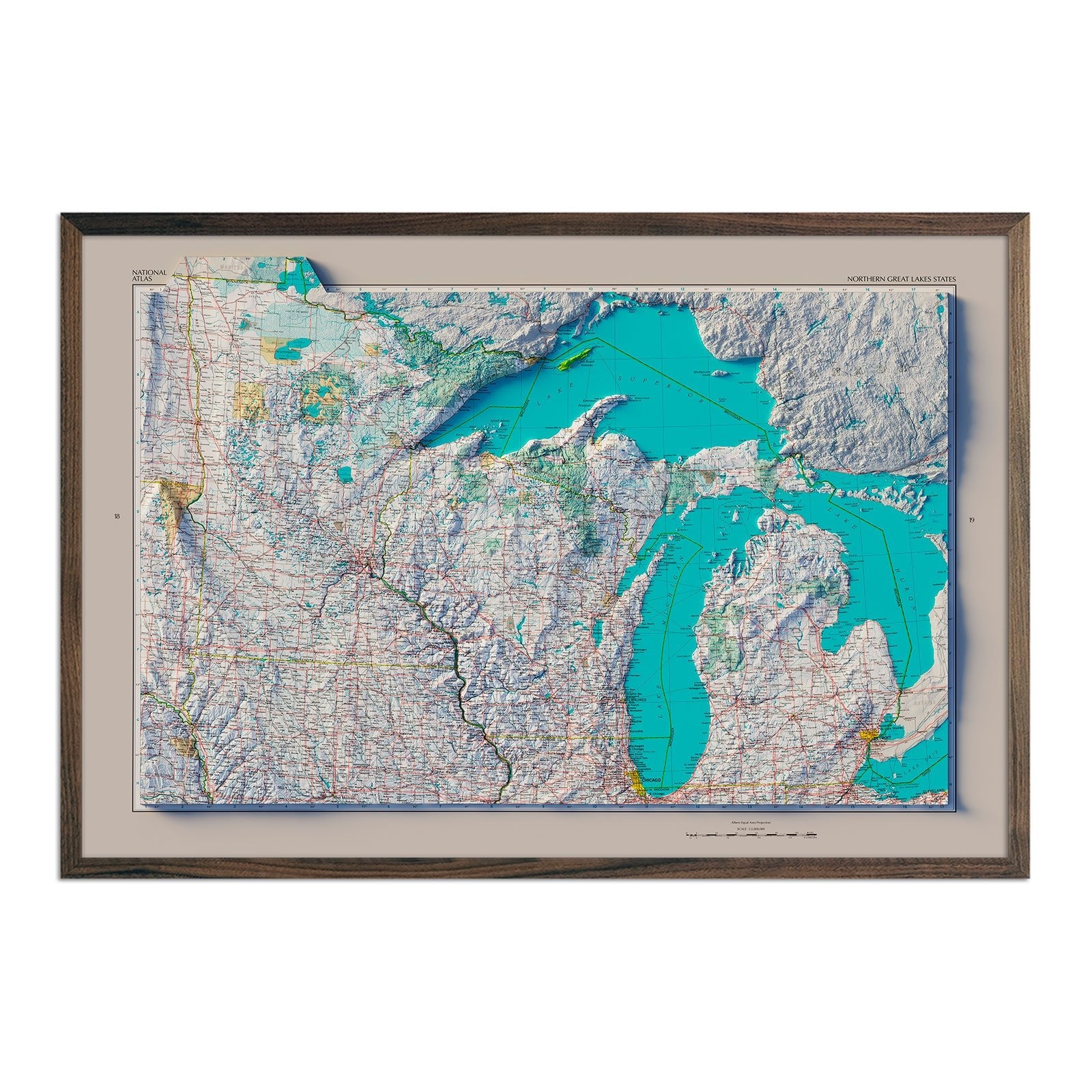 Northern Great Lakes States 1970 Shaded Relief Map - Muir Way - Vintage Relief