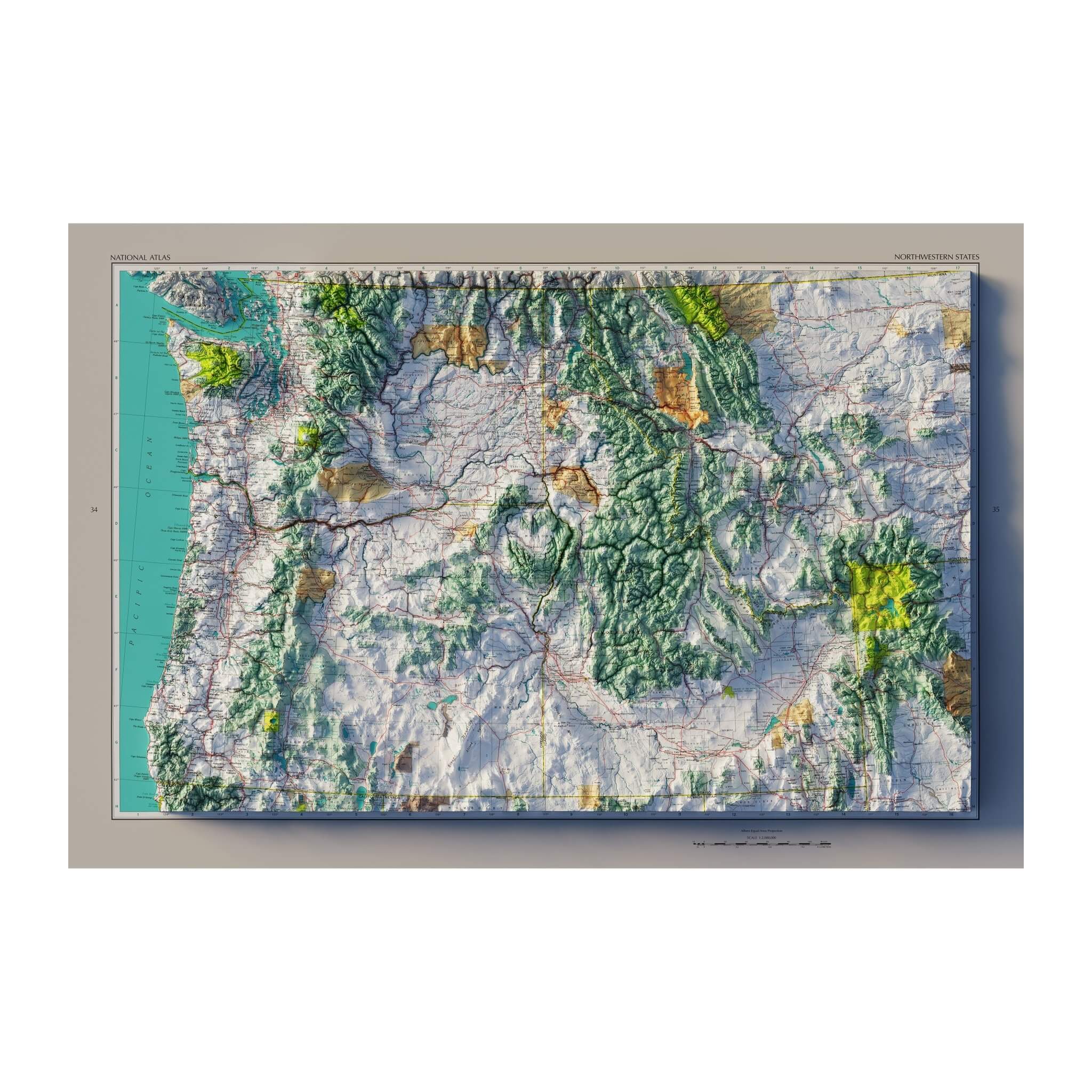 Northwestern States 1970 Shaded Relief Map - Muir Way - Vintage Relief