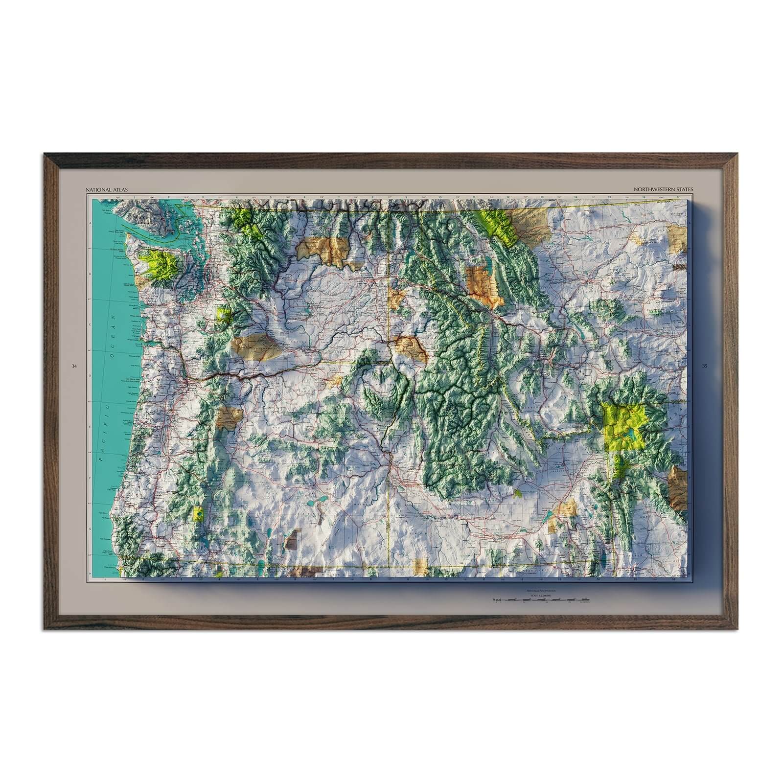 Northwestern States 1970 Shaded Relief Map - Muir Way - Vintage Relief