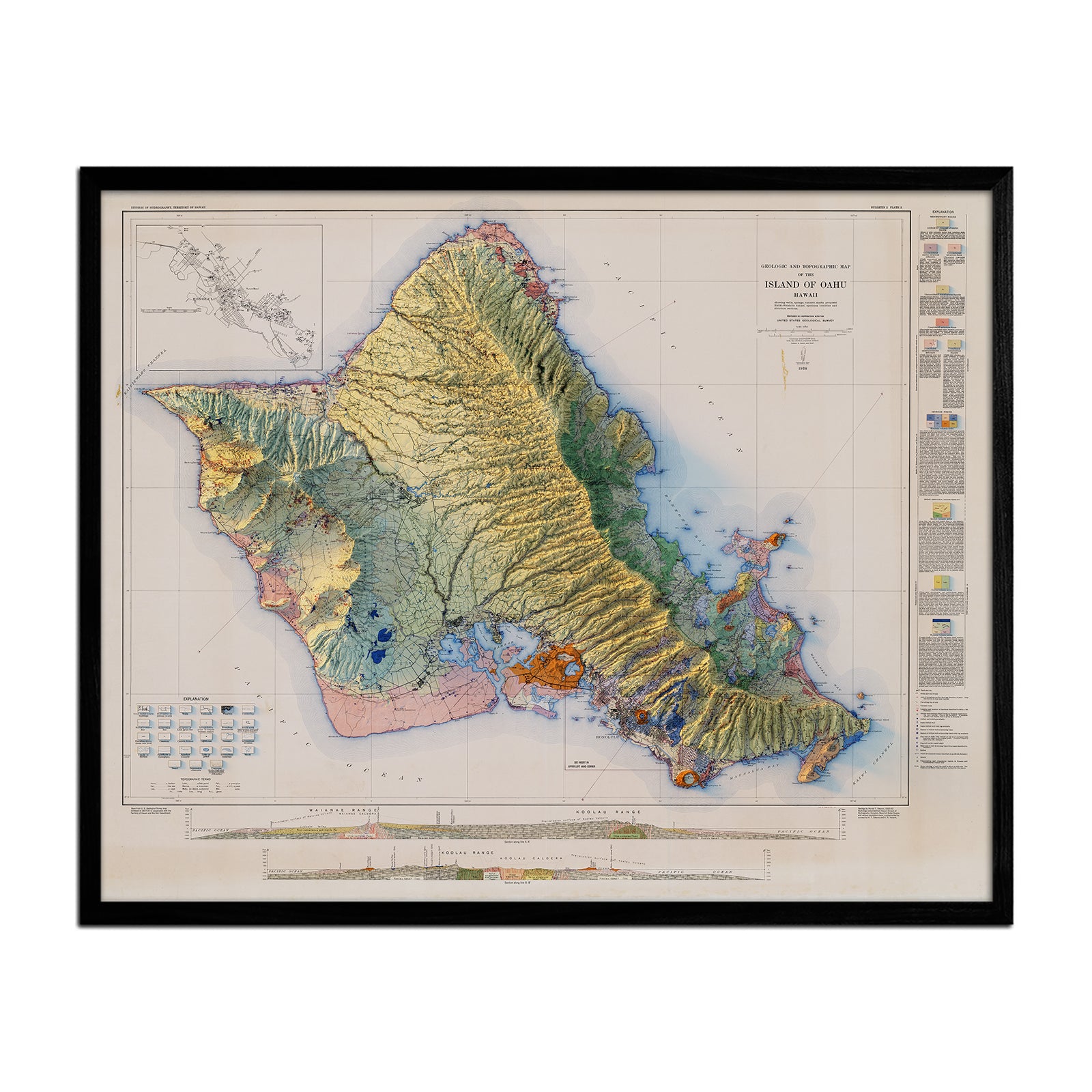 Vintage Oahu Relief Map - 1938