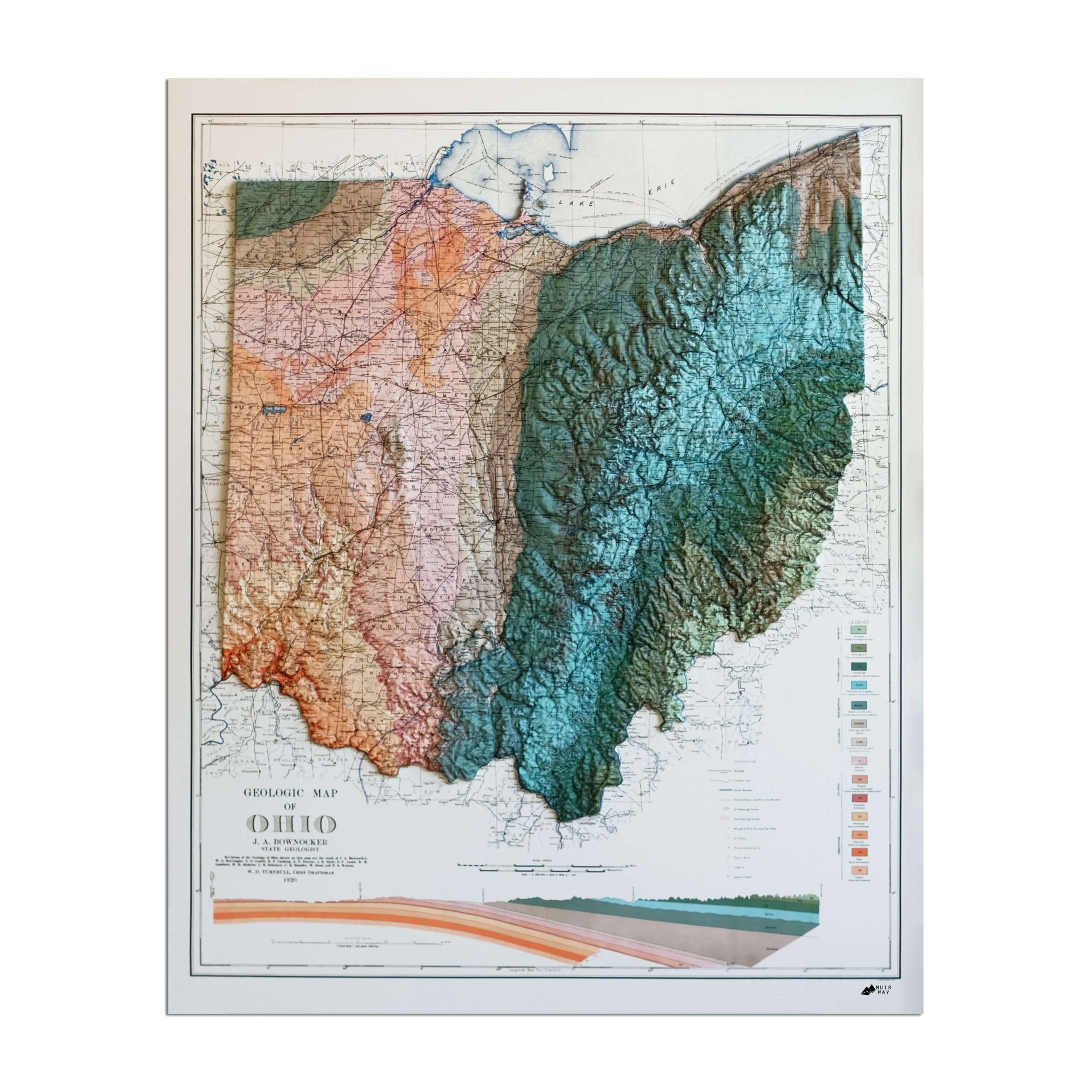 Ohio 1920 3D Raised Relief Map - Muir Way - 3D