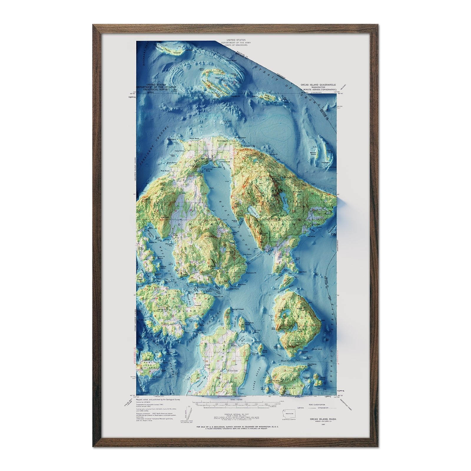 Orcas Island, WA 1957 Shaded Relief Map - Muir Way - Vintage Relief
