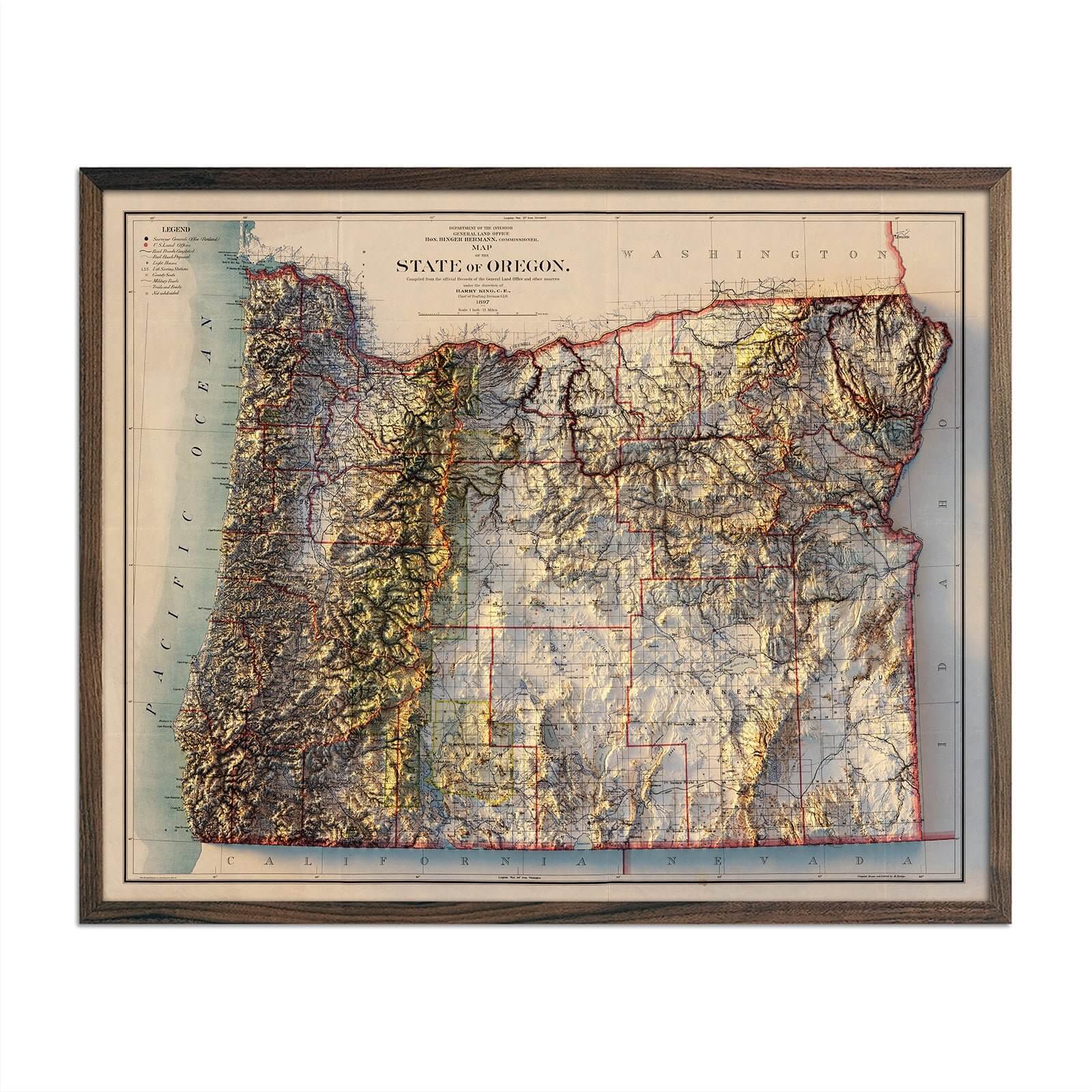 Oregon 1897 Shaded Relief Map - Muir Way - Vintage Relief