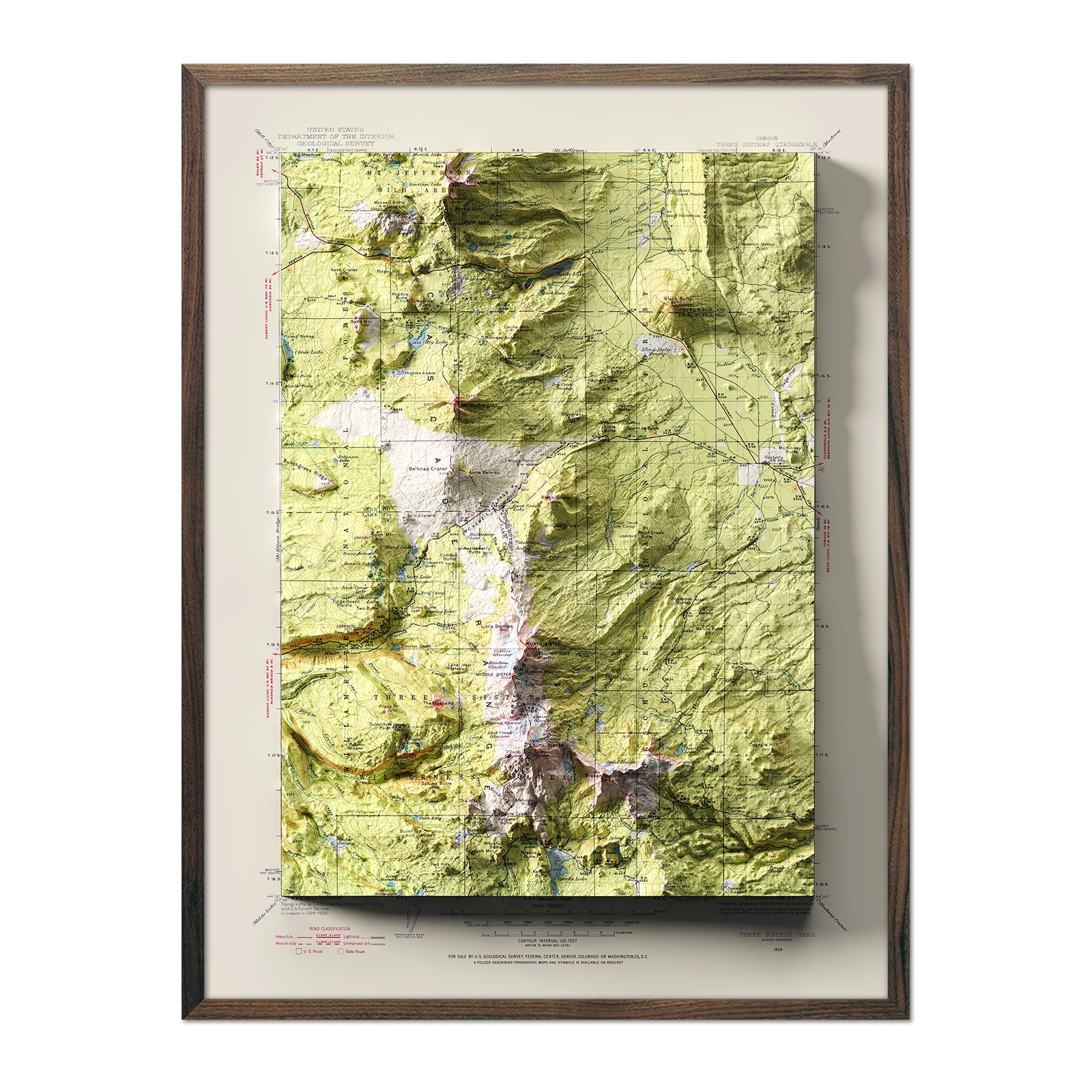 Oregon, Three Sisters 1929 Shaded Relief Map - Muir Way - Vintage Relief