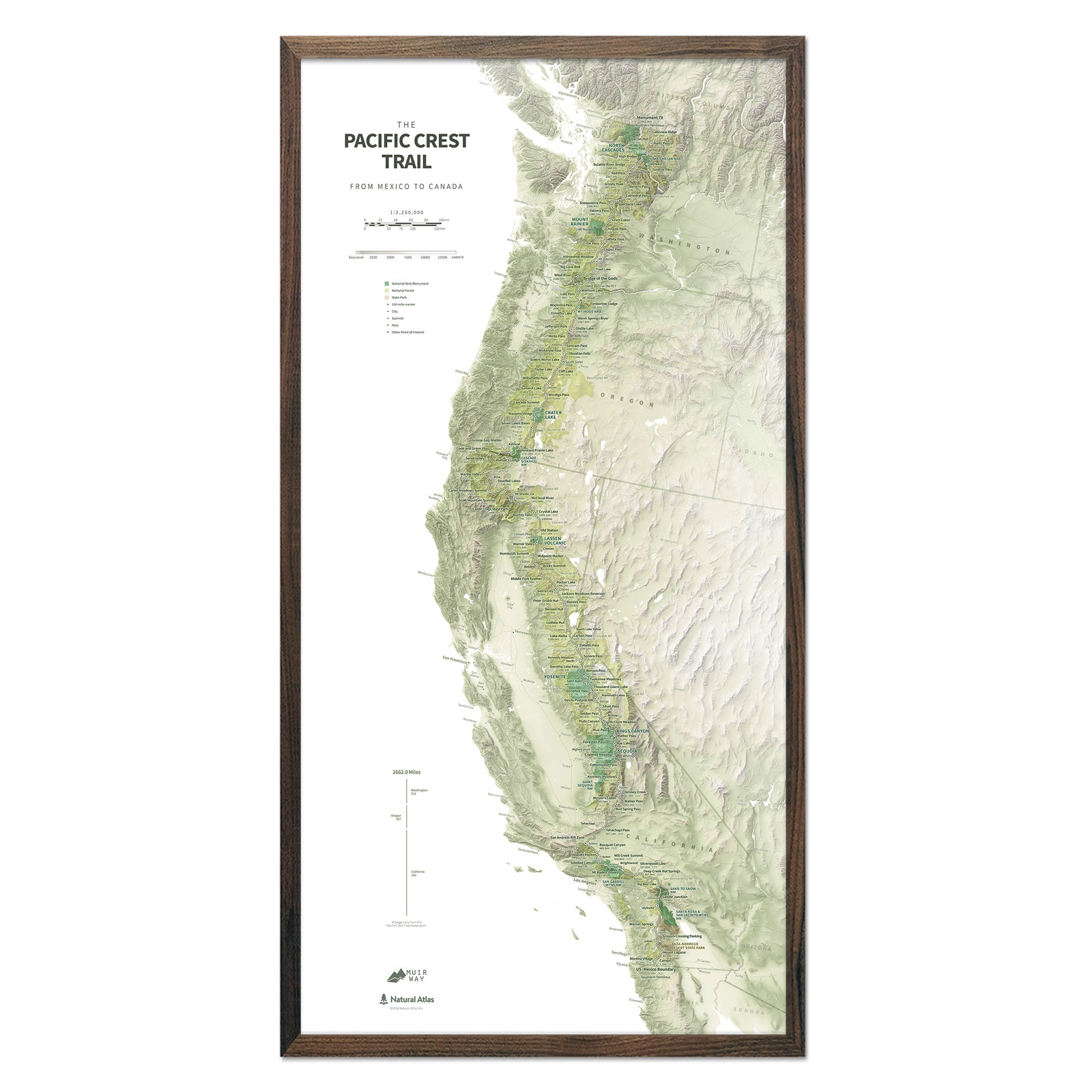 Pacific Crest Trail Shaded Relief Map - Muir Way - Natural Atlas