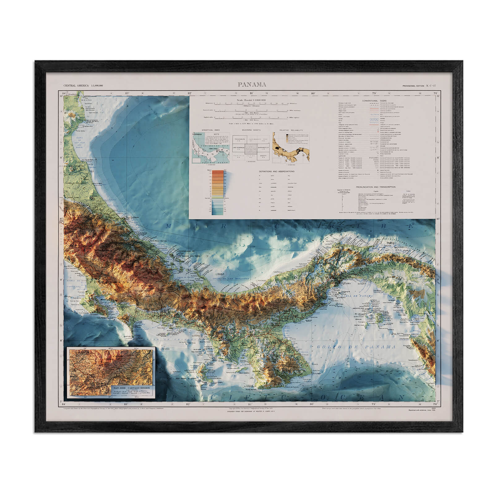 Panama 1928 Shaded Relief Map - Muir Way - Vintage Relief