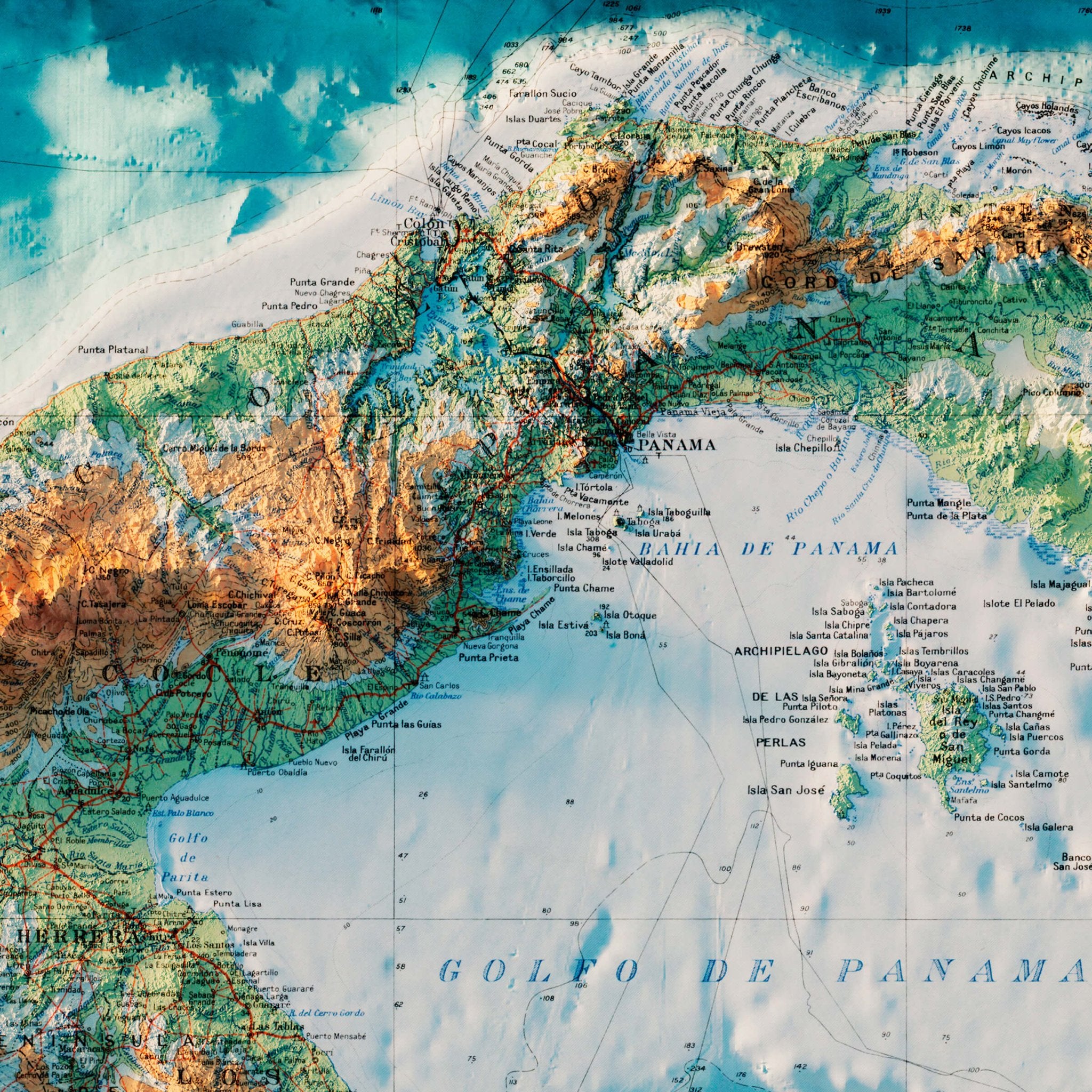 Panama 1928 Shaded Relief Map - Muir Way - Vintage Relief