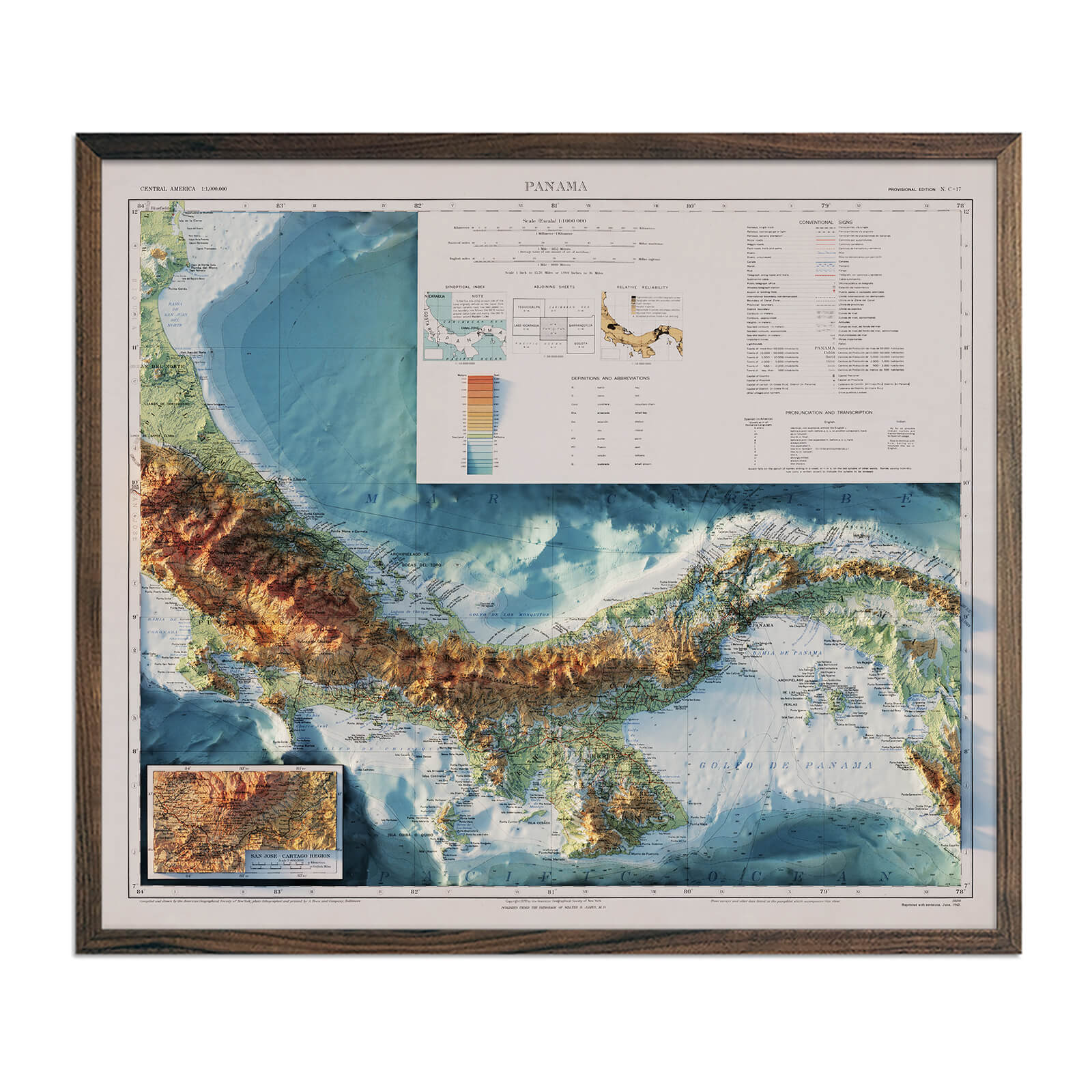 Panama 1928 Shaded Relief Map - Muir Way - Vintage Relief