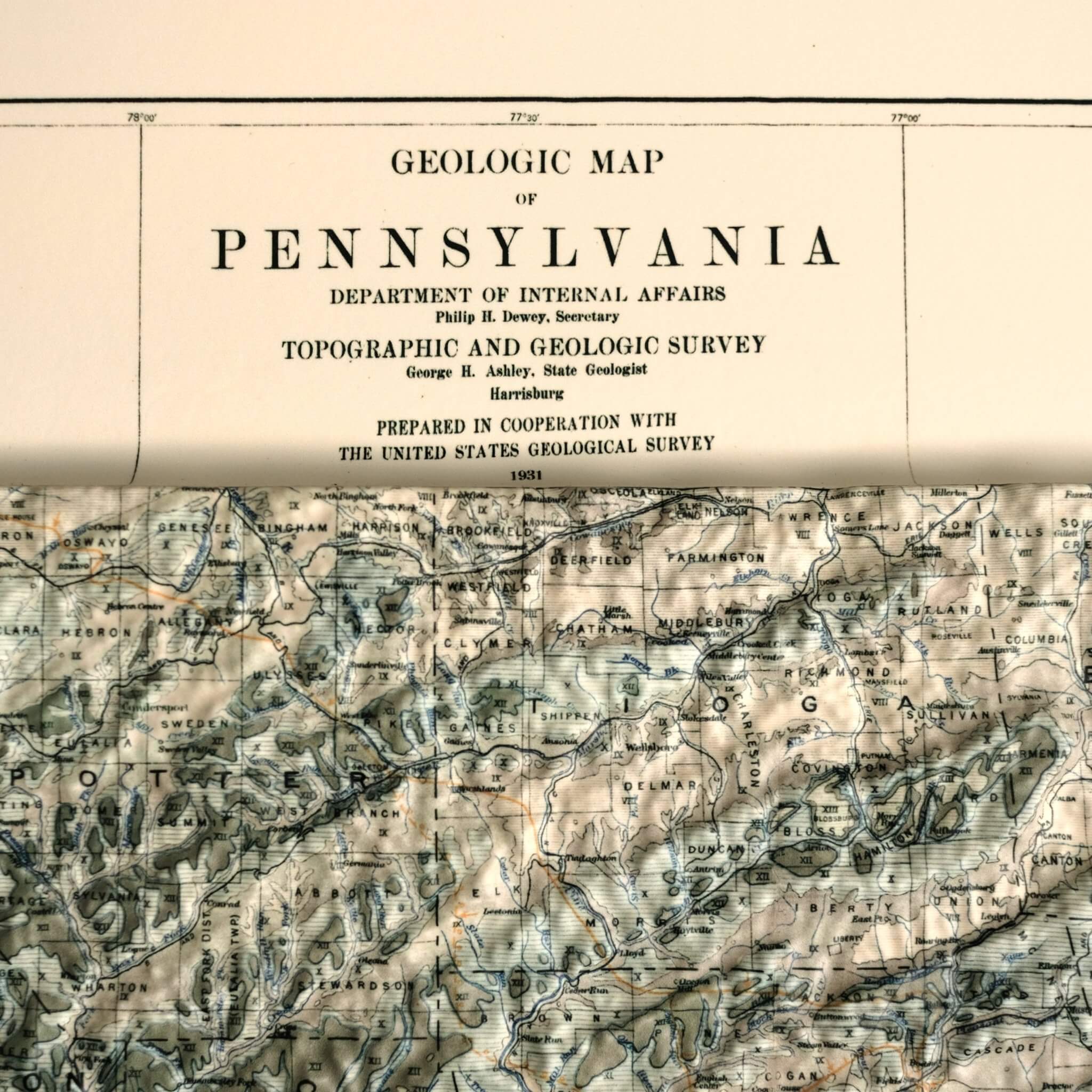 Pennsylvania 1931 3D Raised Relief Map - Muir Way - 3D