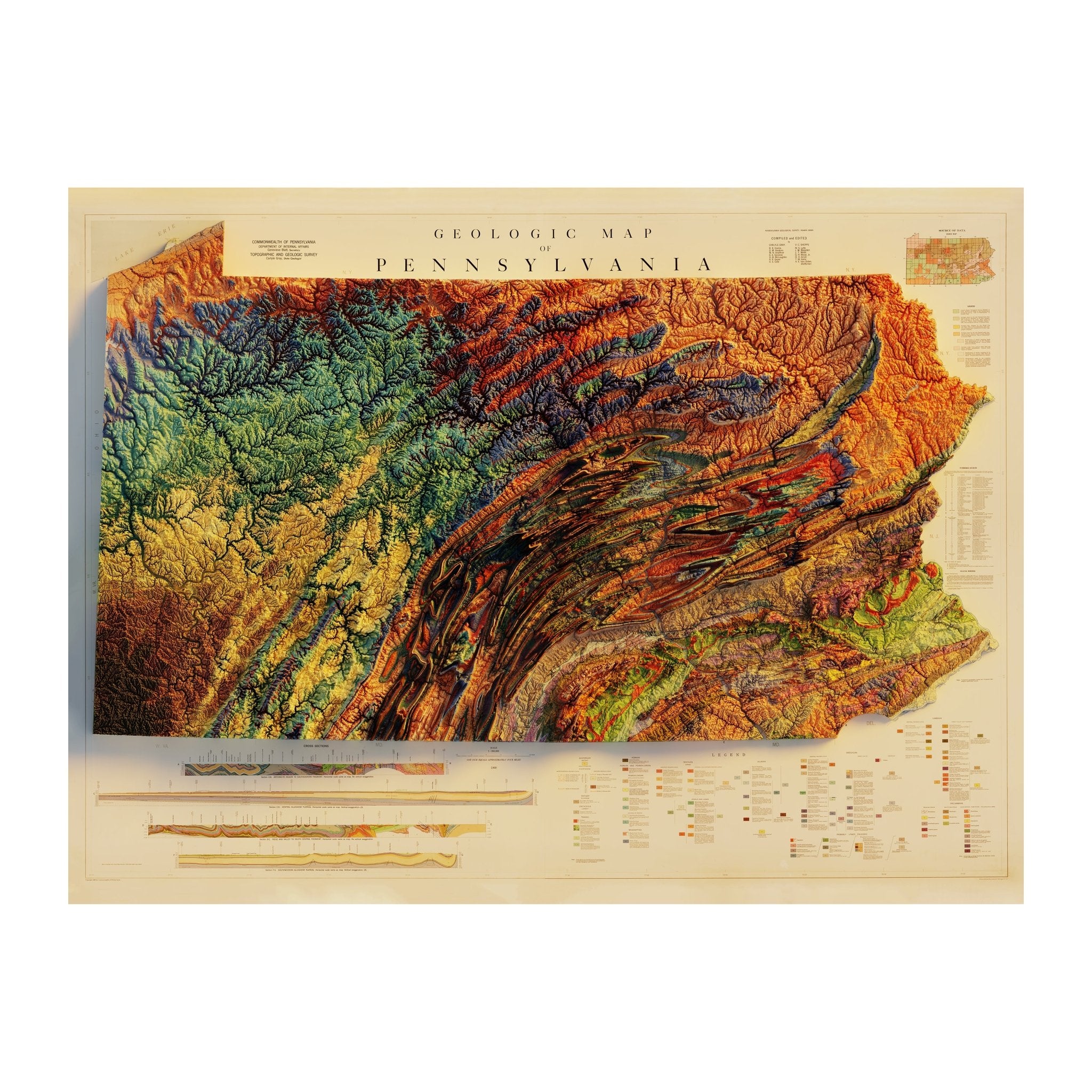 Pennsylvania 1960 Shaded Relief Map - Muir Way - Vintage Relief