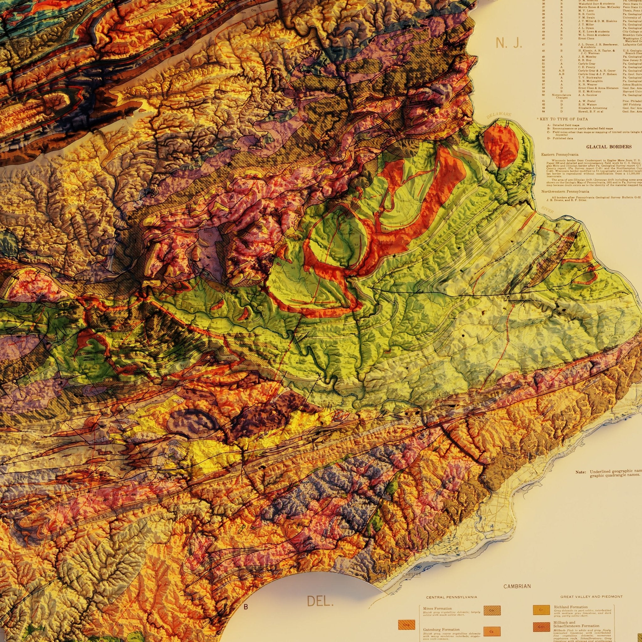 Pennsylvania 1960 Shaded Relief Map - Muir Way - Vintage Relief