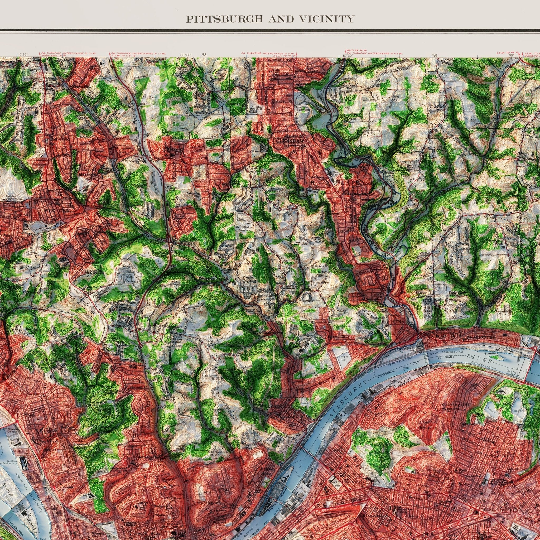 Pittsburgh, Pennsylvania 1960 Shaded Relief Map - Muir Way - Vintage Relief