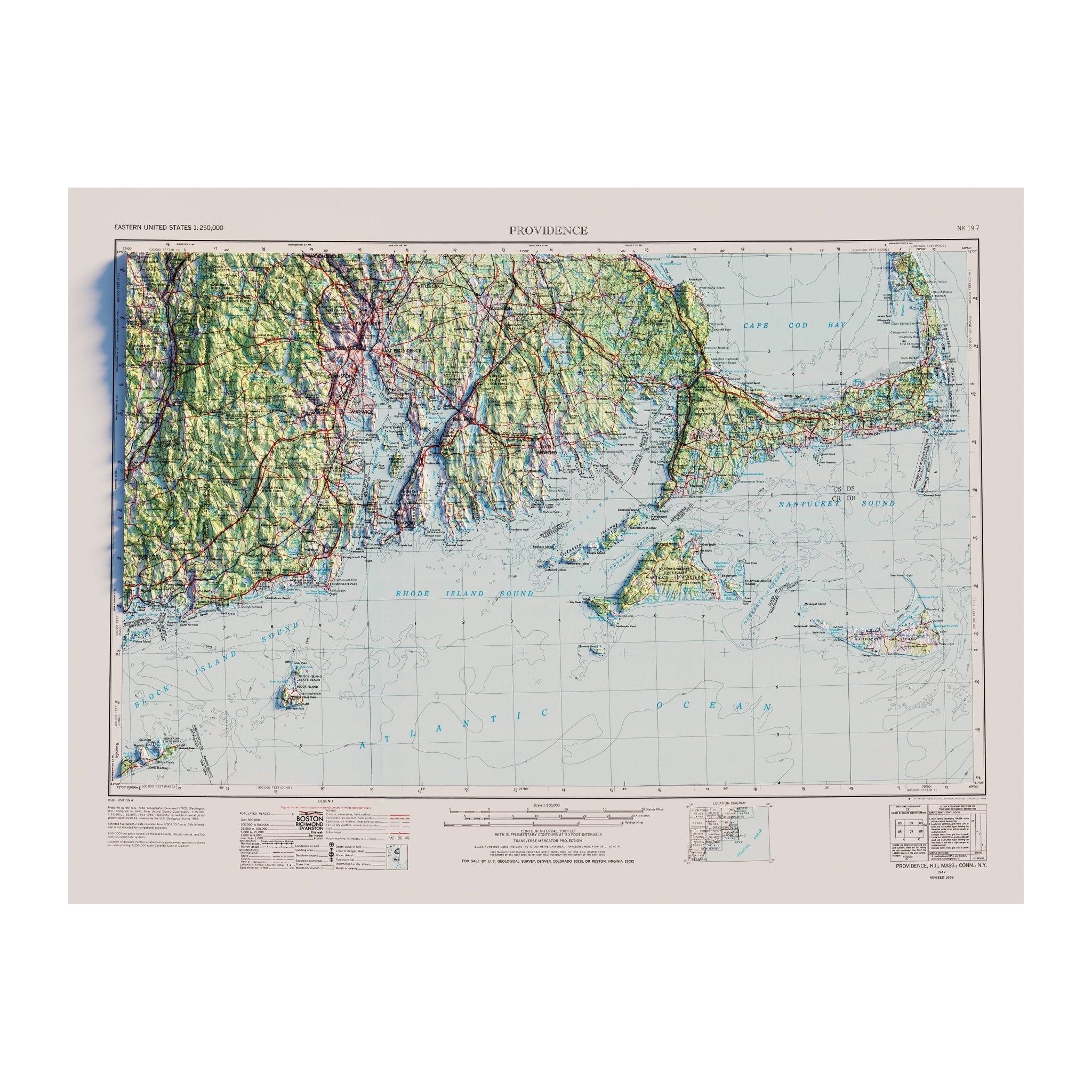 Providence, RI 1947 Shaded Relief Map - Muir Way - Vintage Relief