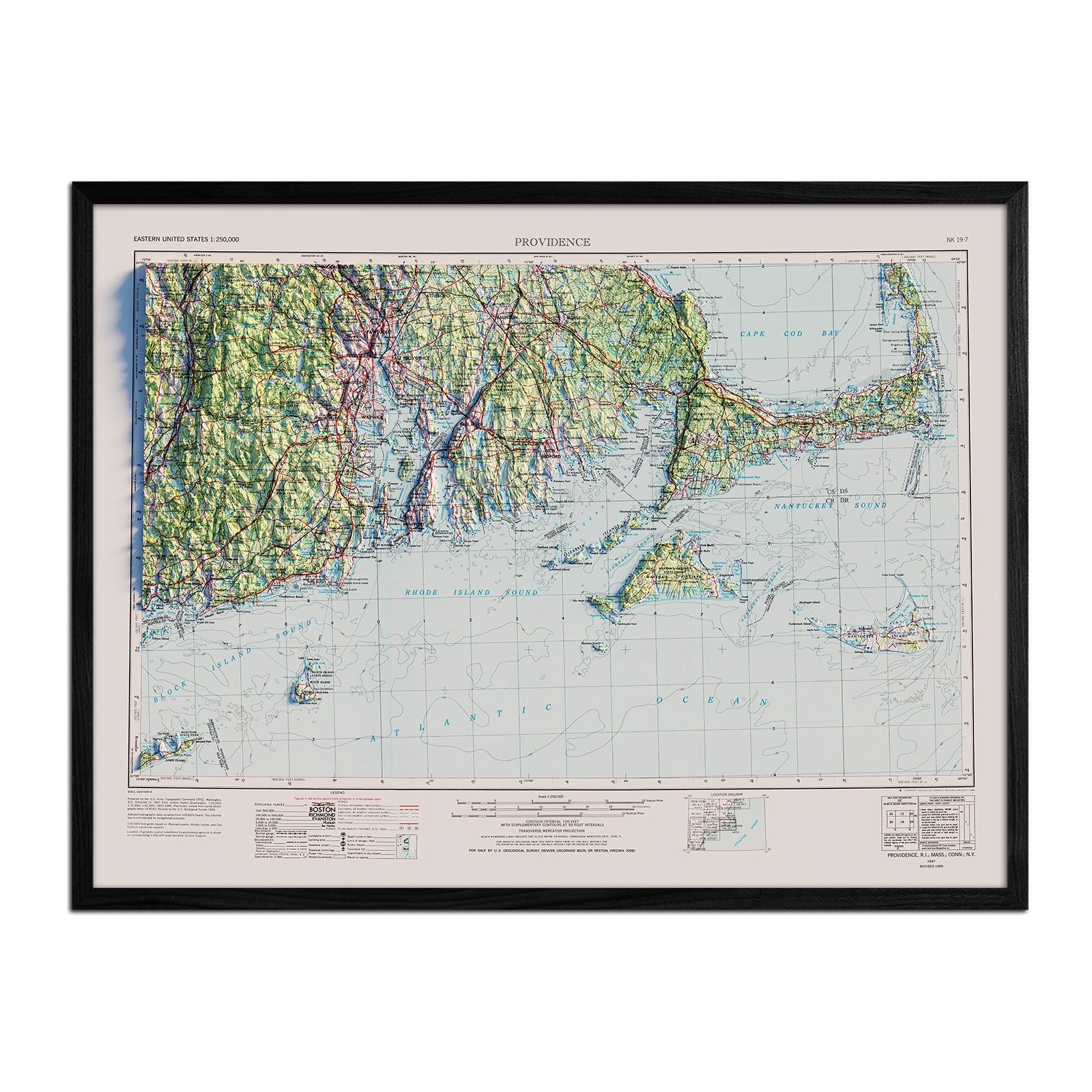 Providence, RI 1947 Shaded Relief Map - Muir Way - Vintage Relief