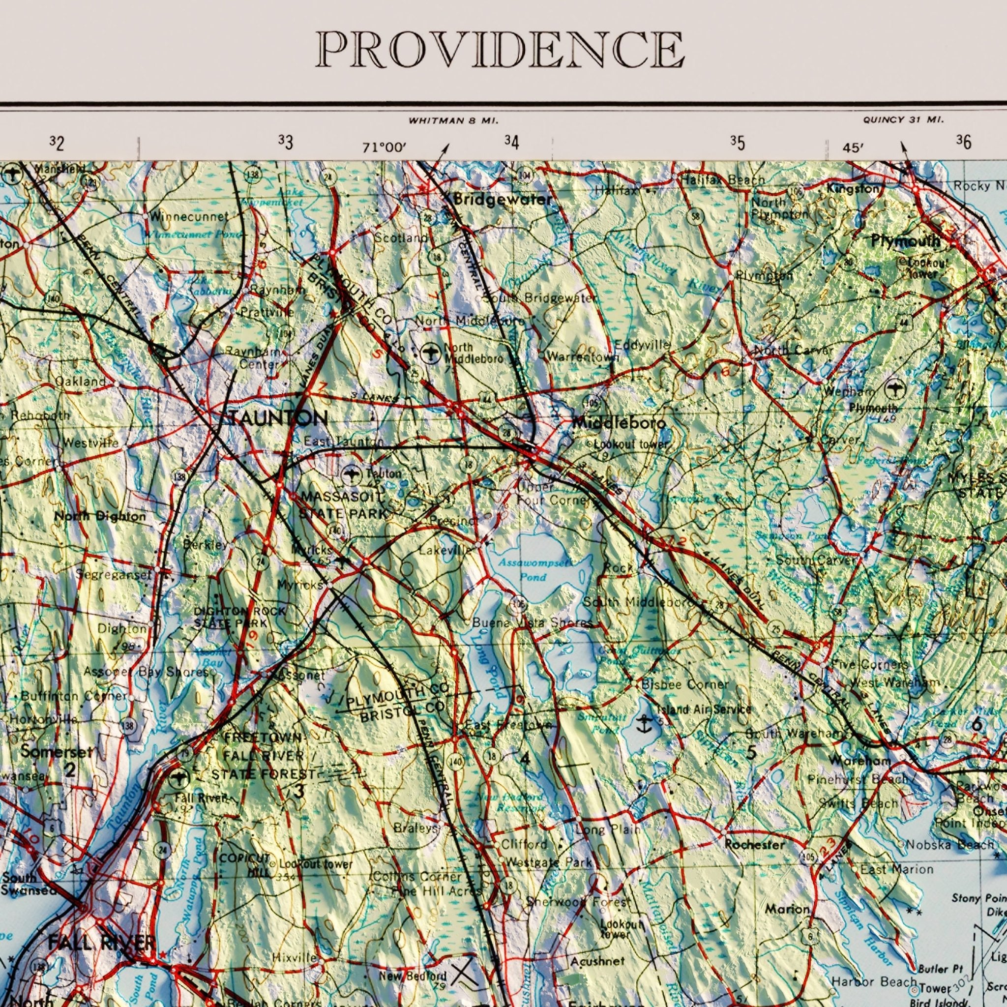 Providence, RI 1947 Shaded Relief Map - Muir Way - Vintage Relief